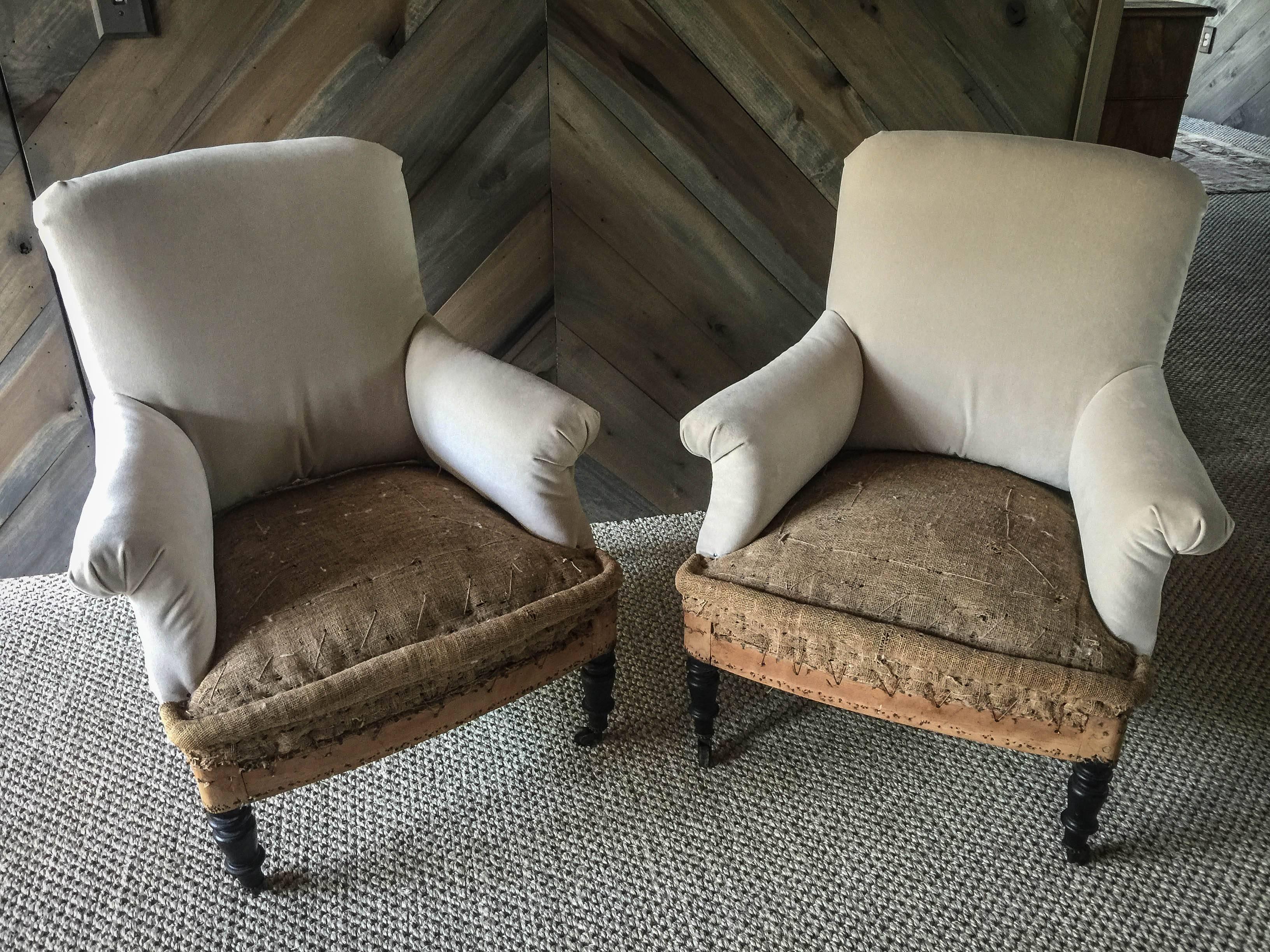 Pair of Antique French Velvet Deconstructed Club Chairs 2