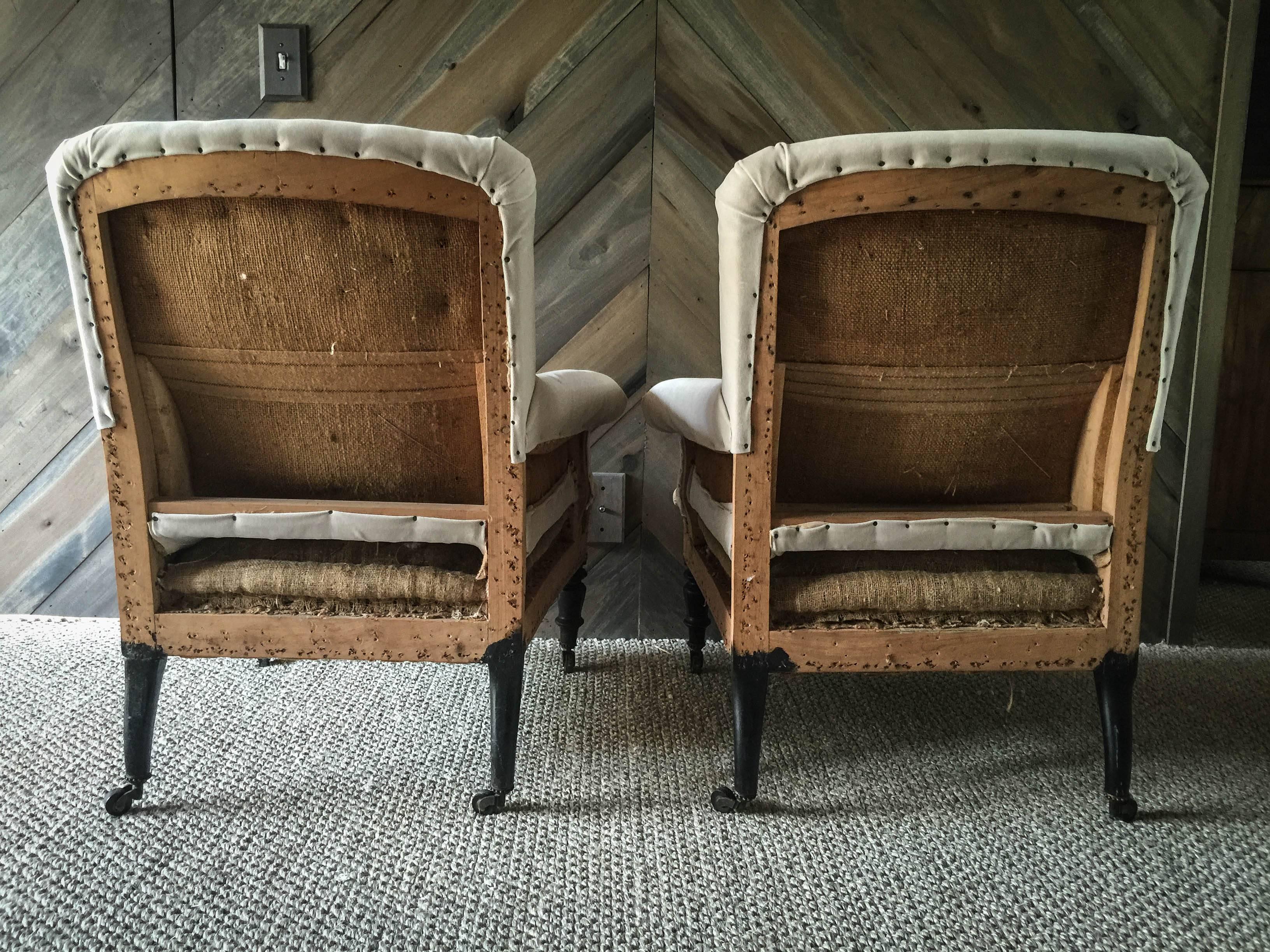 Pair of Antique French Velvet Deconstructed Club Chairs In Good Condition In Nashville, TN