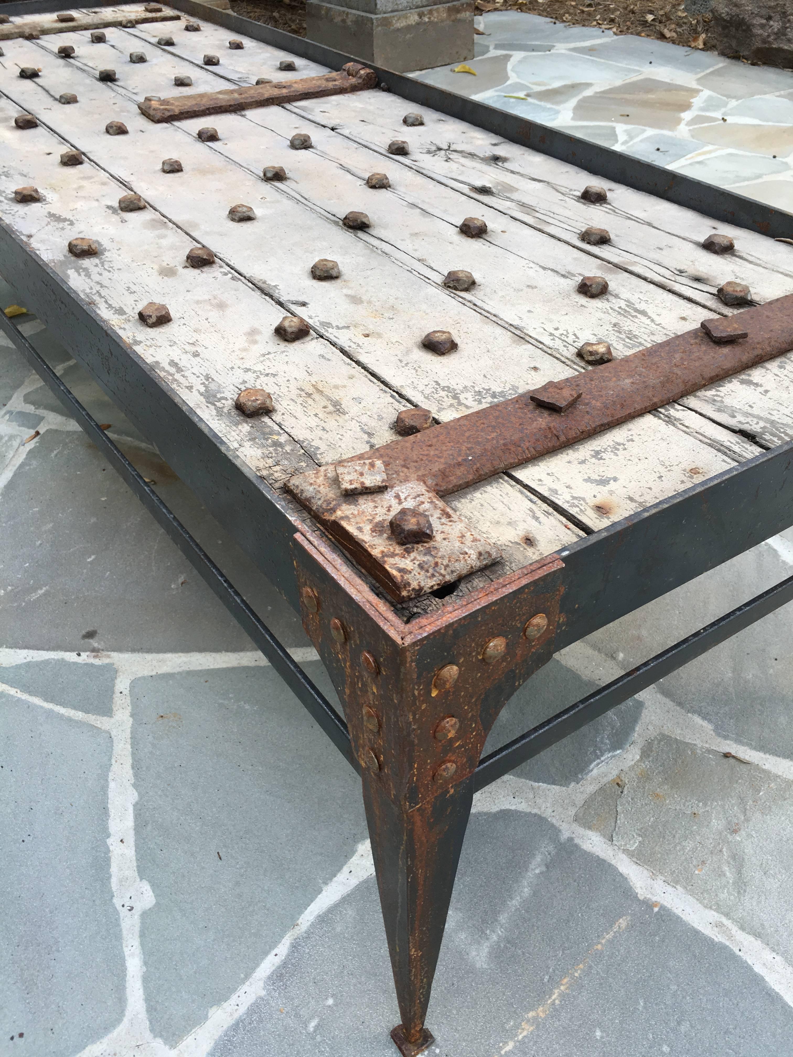 18th Century French Door with Original Nailheads Iron Coffee Table 2