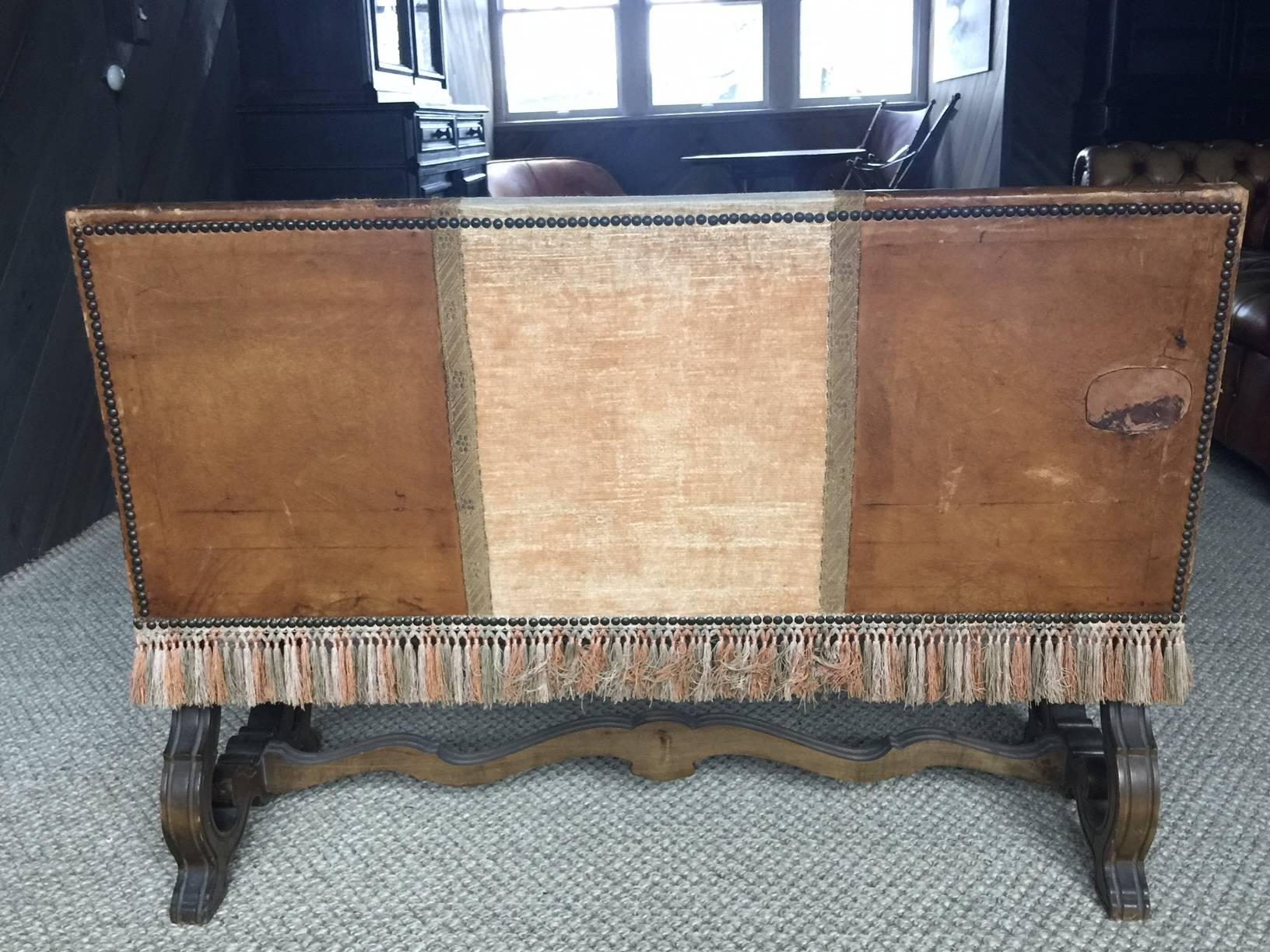 Petite Spanish Leather Walnut Bench with Fringe, Late 19th Century In Good Condition In Nashville, TN