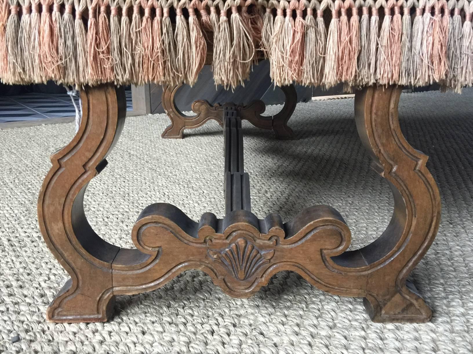 Petite Spanish Leather Walnut Bench with Fringe, Late 19th Century 2