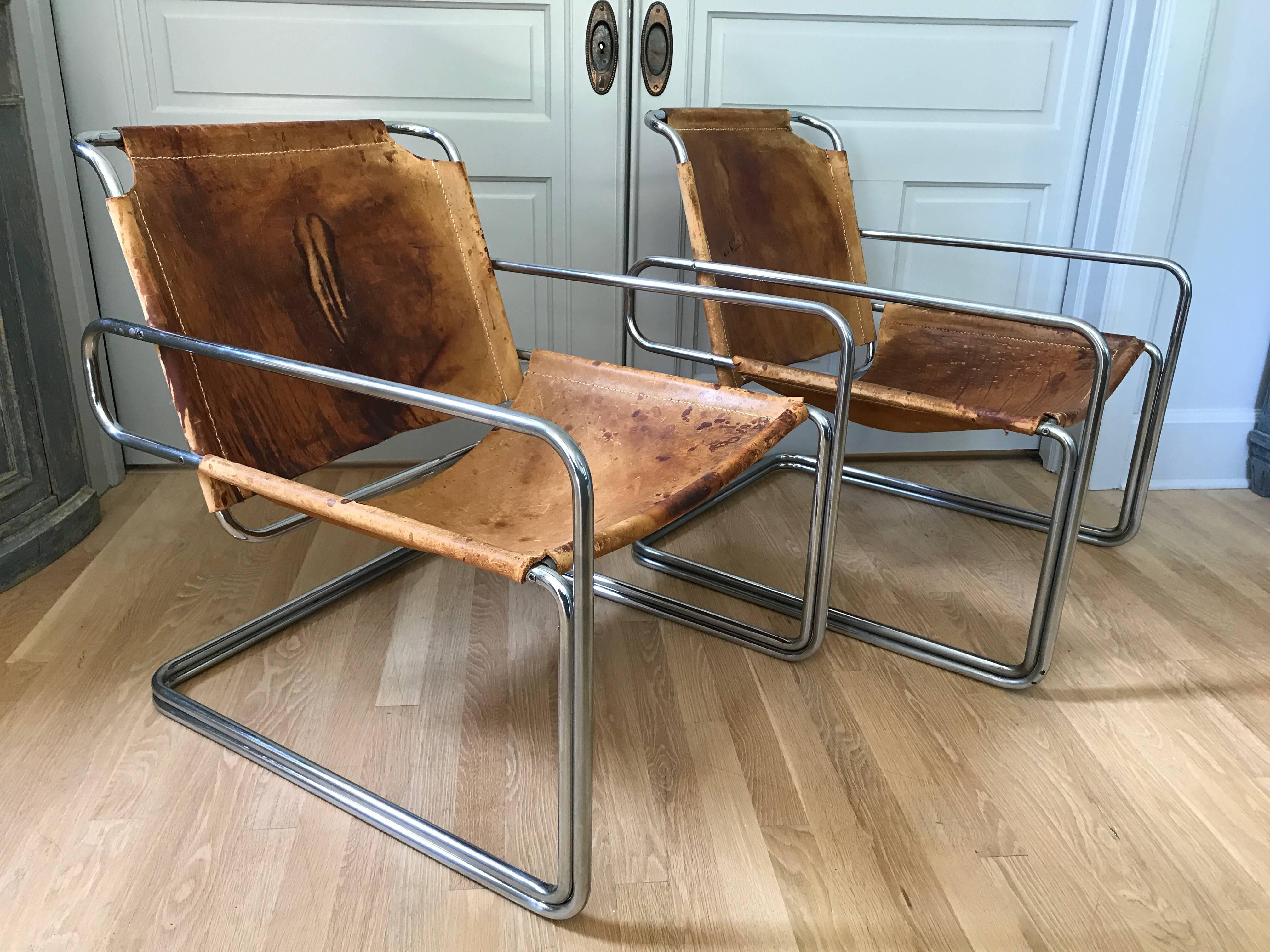 Mid-20th Century Pair of French Leather and Chrome Mid-Century Sling Chairs