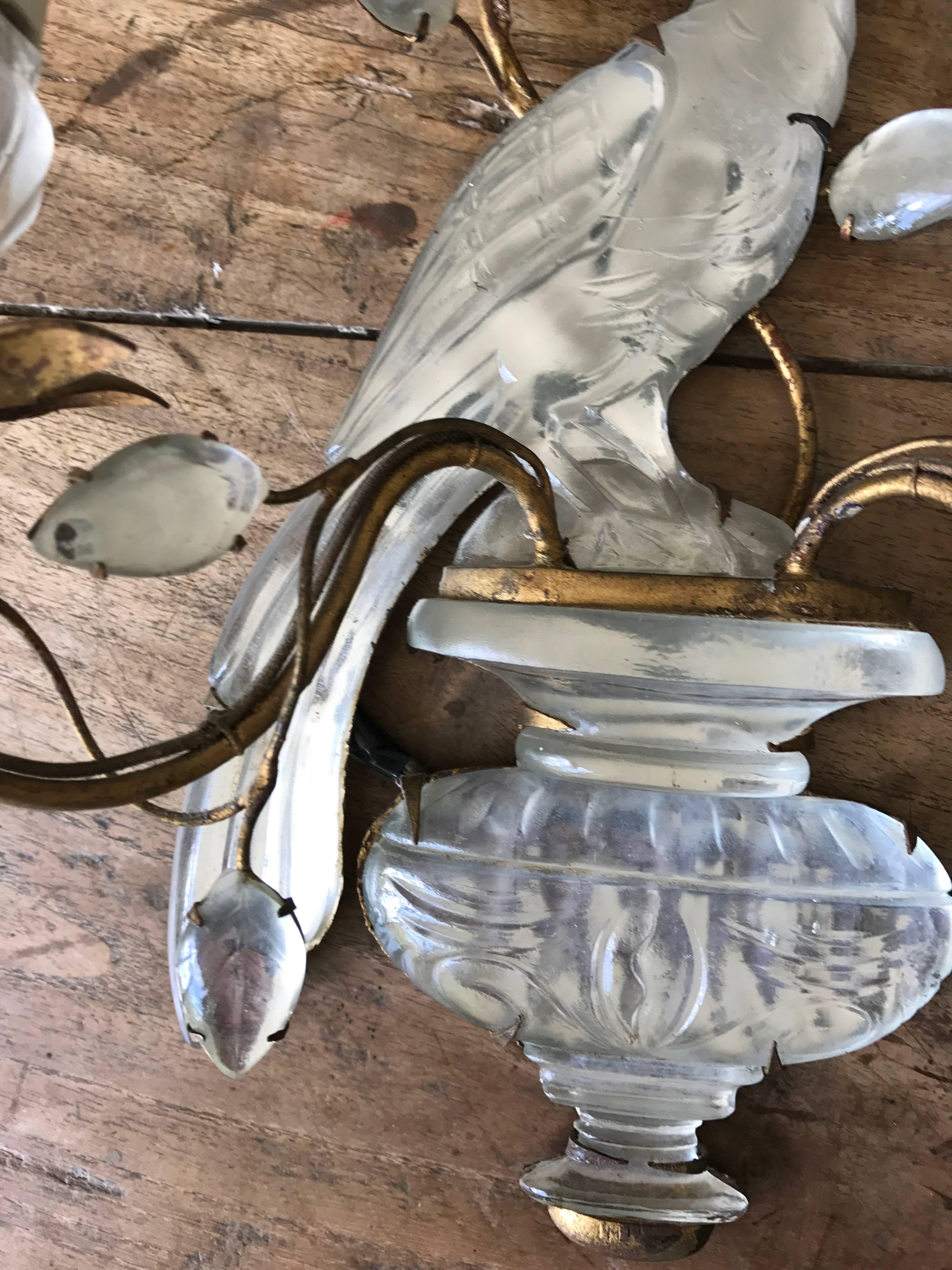 Pair of Crystal and Gilt Maison Bagues Bird Sconces, 1950 In Excellent Condition In Nashville, TN