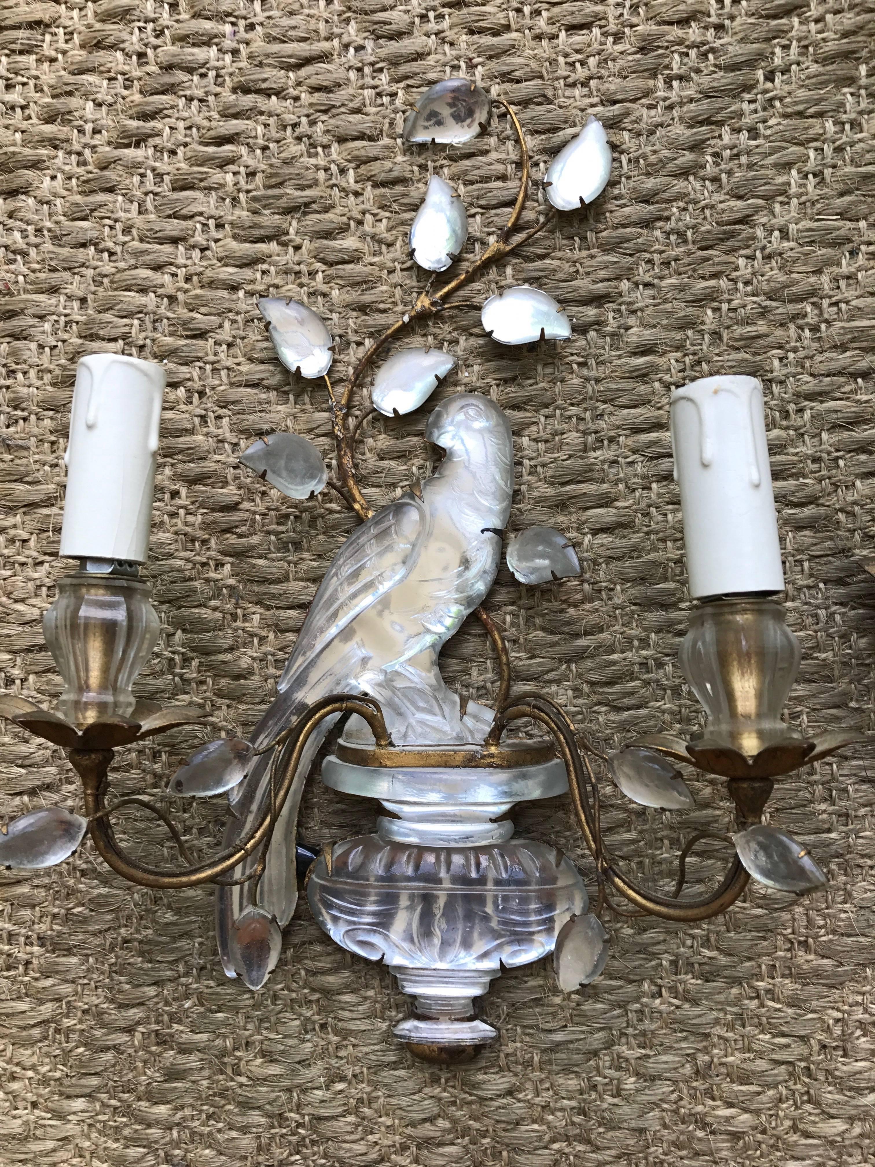 Pair of Crystal and Gilt Maison Bagues Bird Sconces, 1950 3