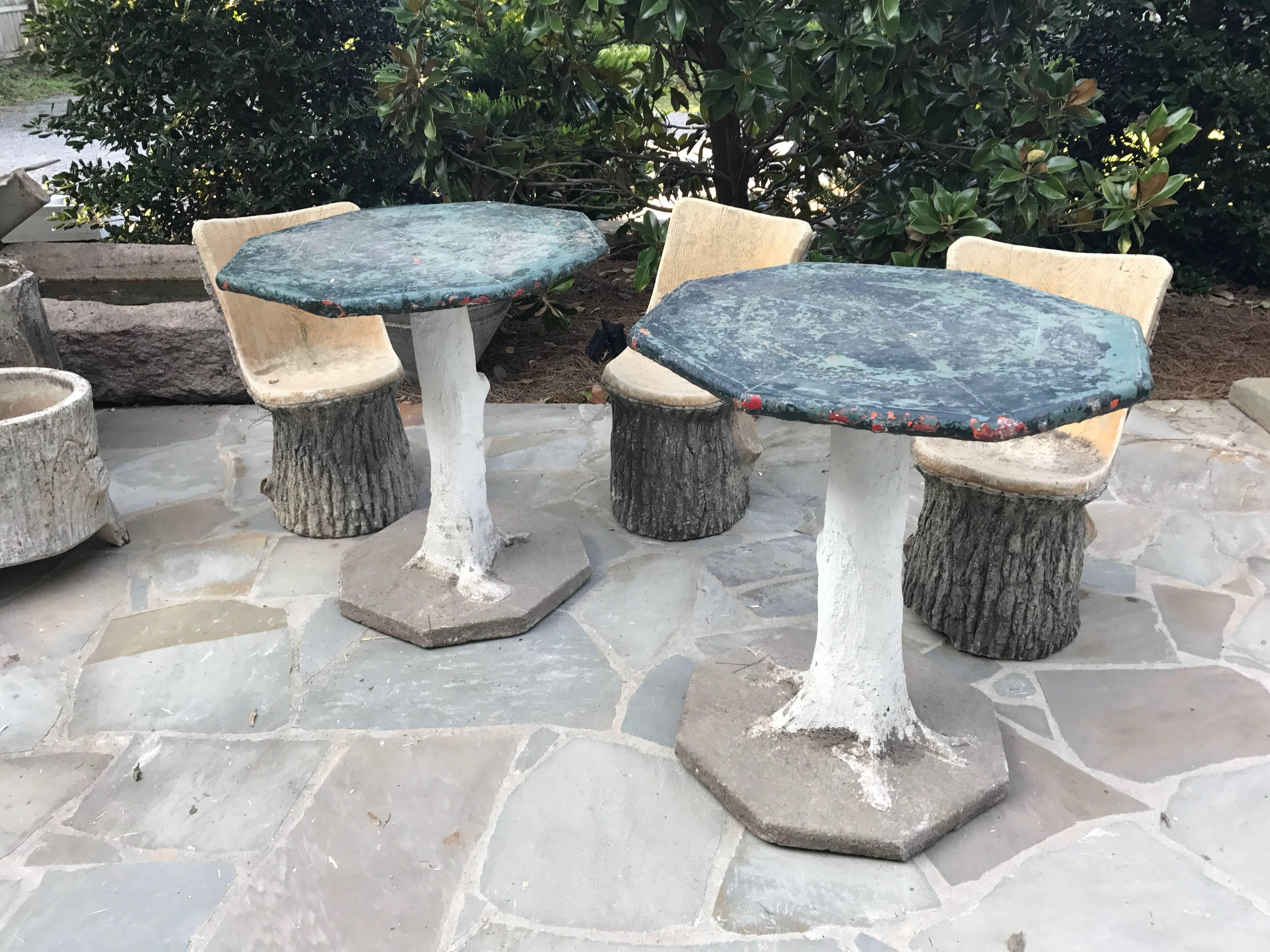 Unique pair of Faux Bois tables from the South of France. Faux Bois (false wood) made by garden craftsmen in France called 'rocailleurs' was at its height in the late 19th Century. In 1870s Joseph Monier, a French gardener who invented ferrocement