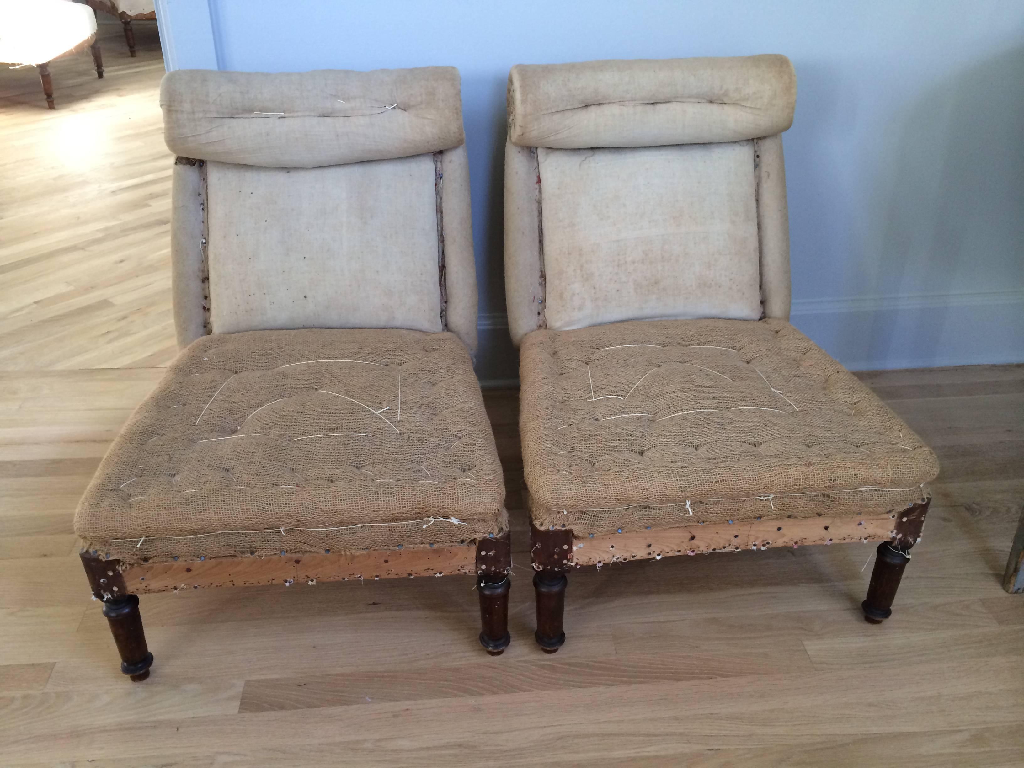 Lovely pair of 19th century French scroll back slipper chairs in original condition