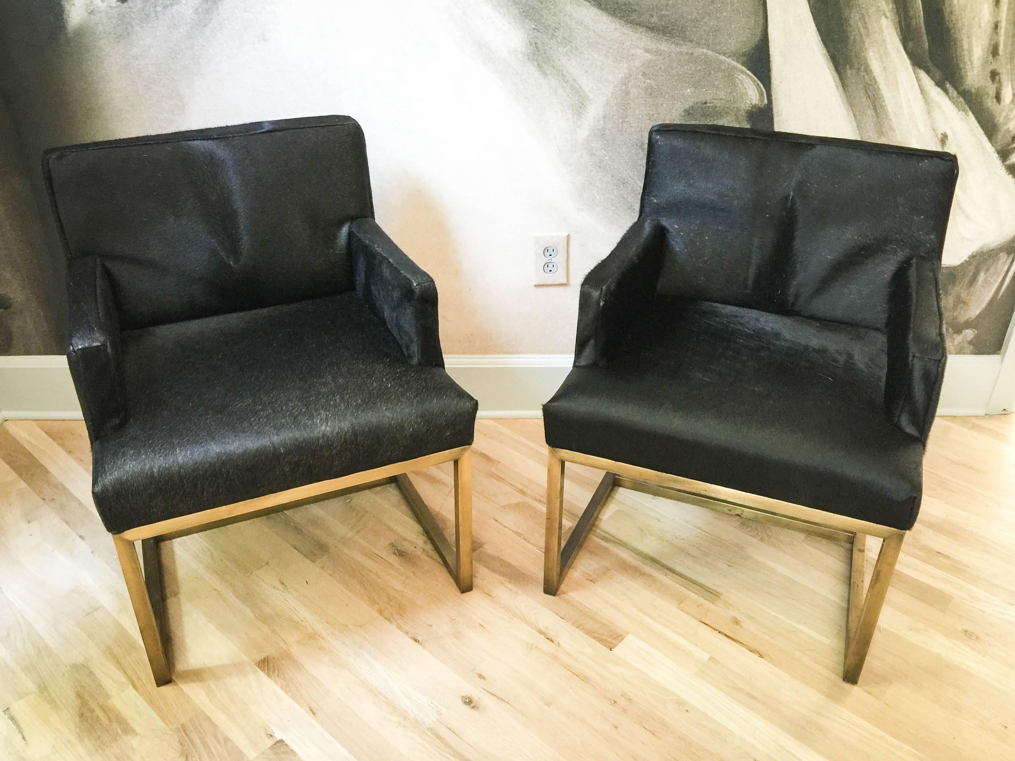 Pair of Mid-Century Swedish Brass and Black Hide Chairs 3