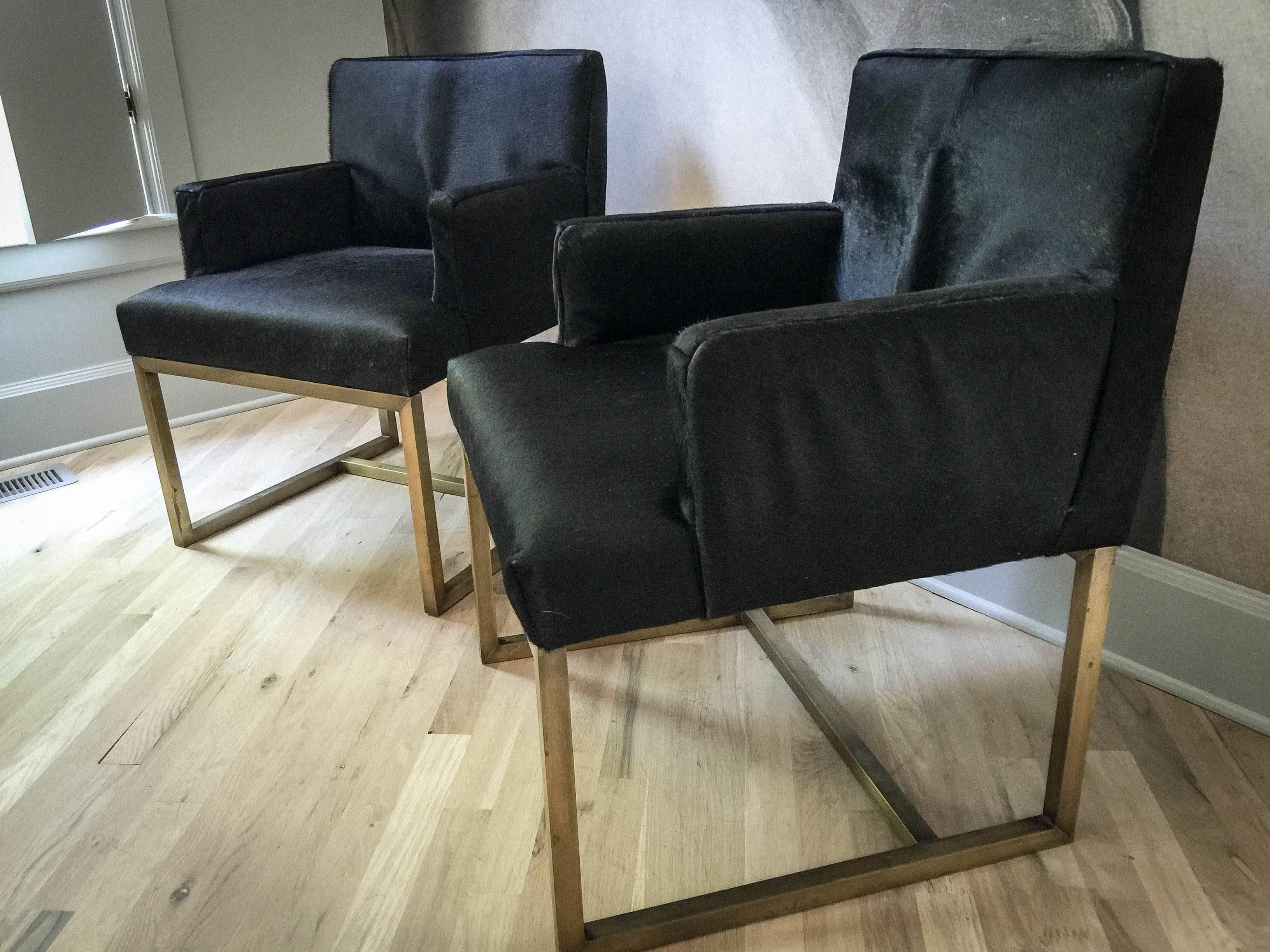 Pair of Mid-Century Swedish Brass and Black Hide Chairs 5