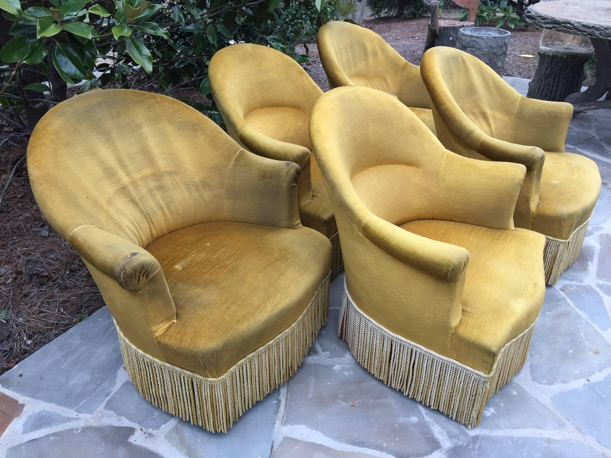 Early 20th Century Antique French Chartreuse Velvet Salon Chairs For Sale