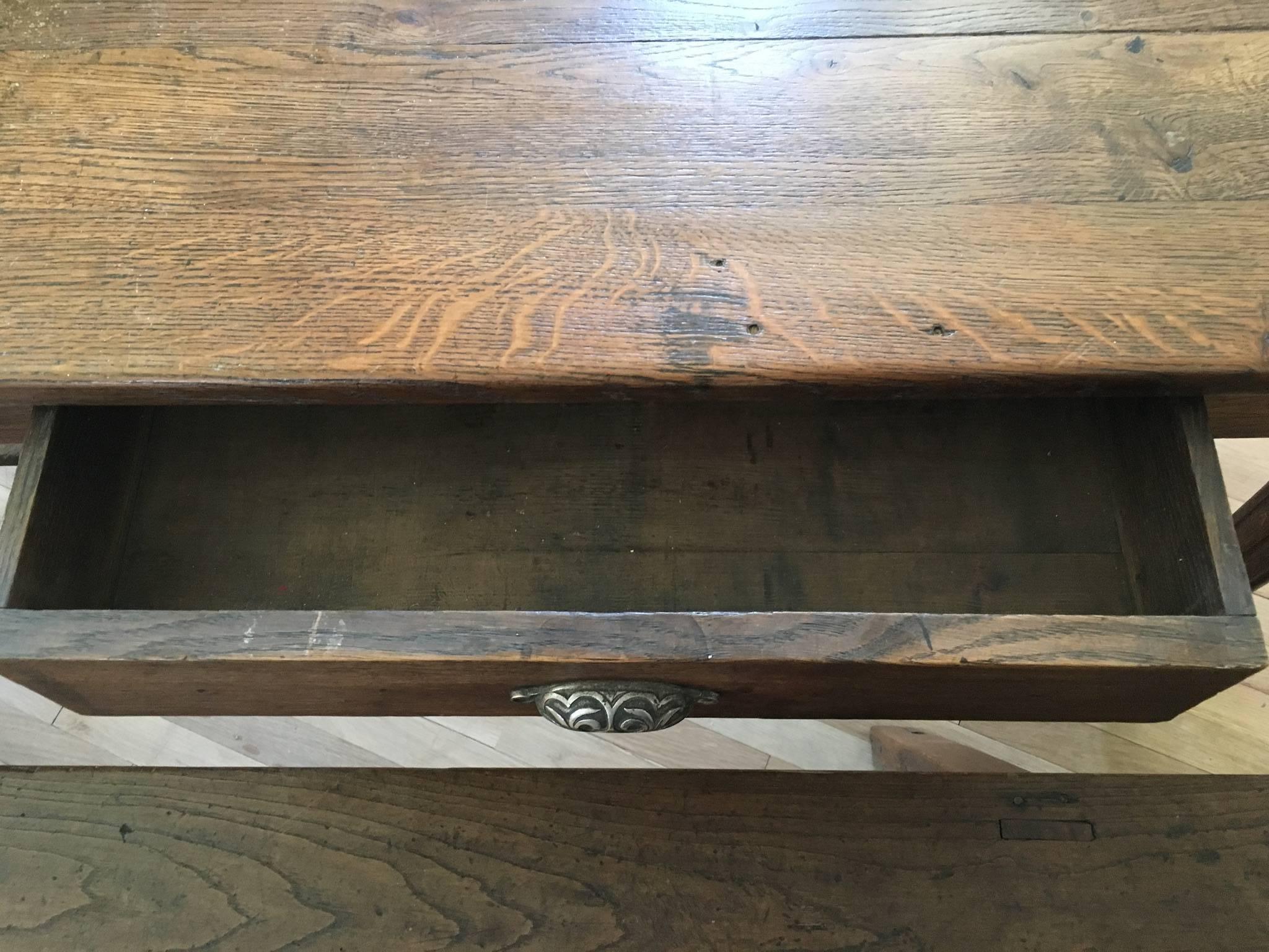 Long French Oak Refectory Table with Center Stretcher and Two Trestle Benches For Sale 5