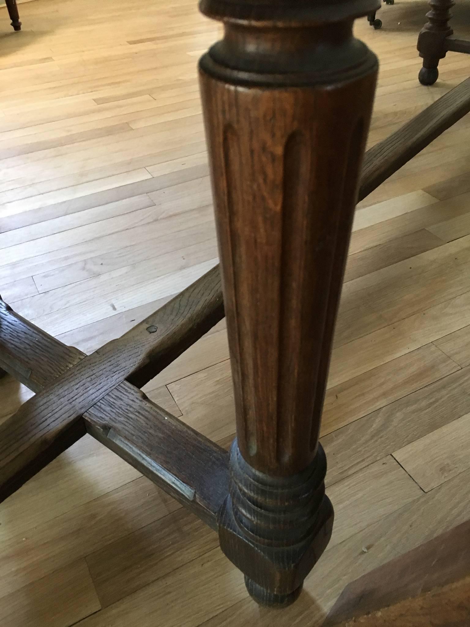 Long French Oak Refectory Table with Center Stretcher and Two Trestle Benches In Excellent Condition For Sale In Nashville, TN