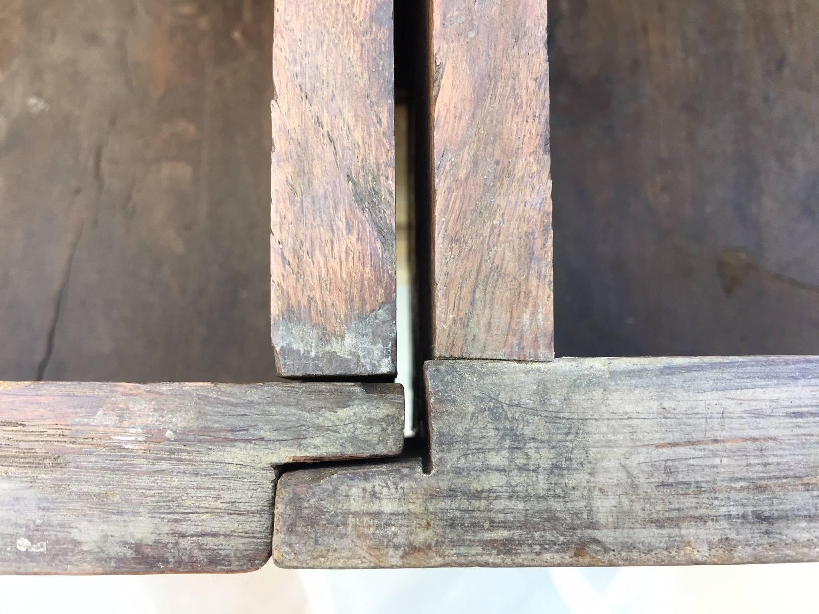 Lovely patina on this French bleached oak chest of drawers with unusual carpentry detail.