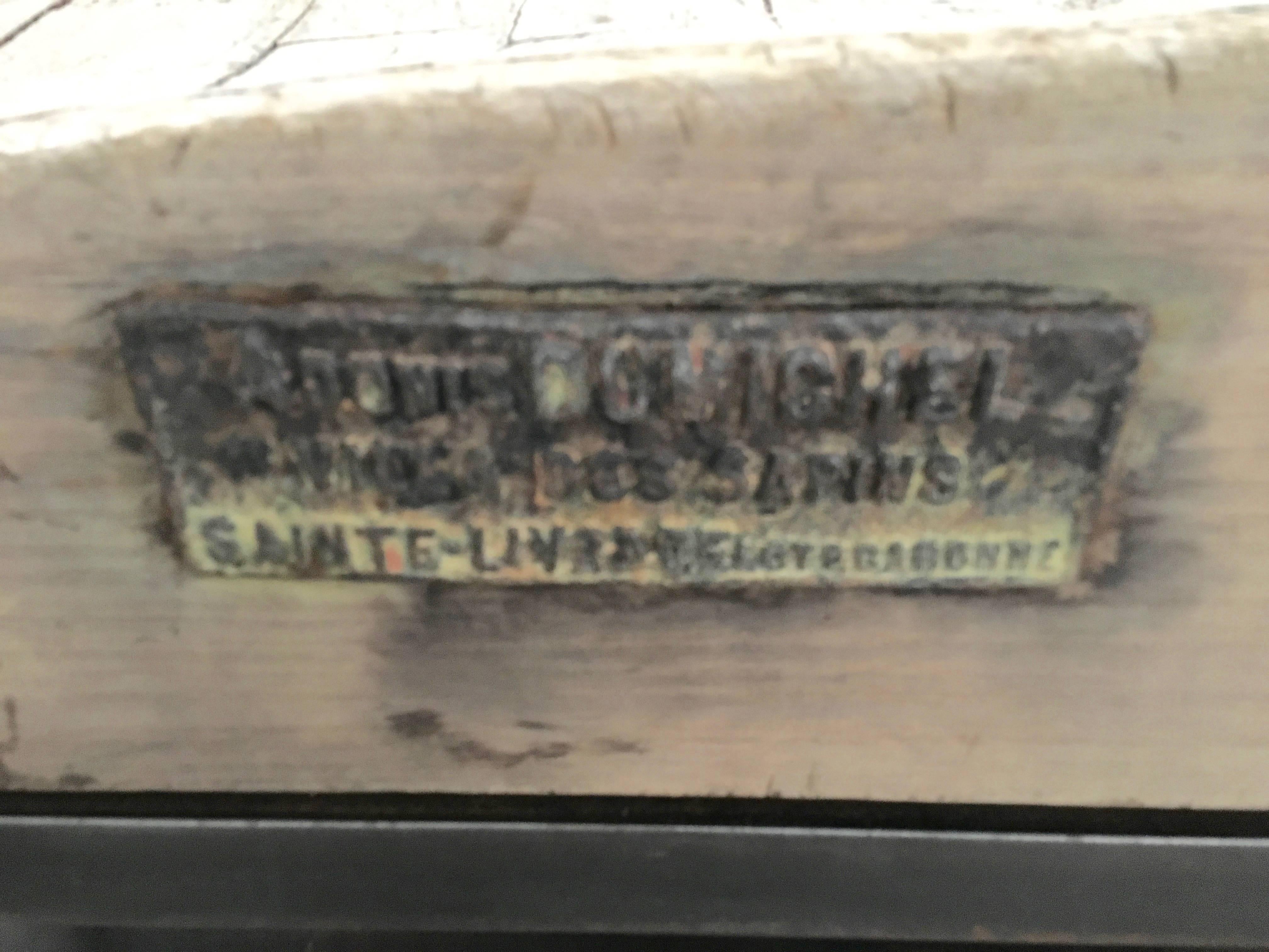 A handsome large French butcher's chopping block table with a slab of iron-bound wood with original plaque 