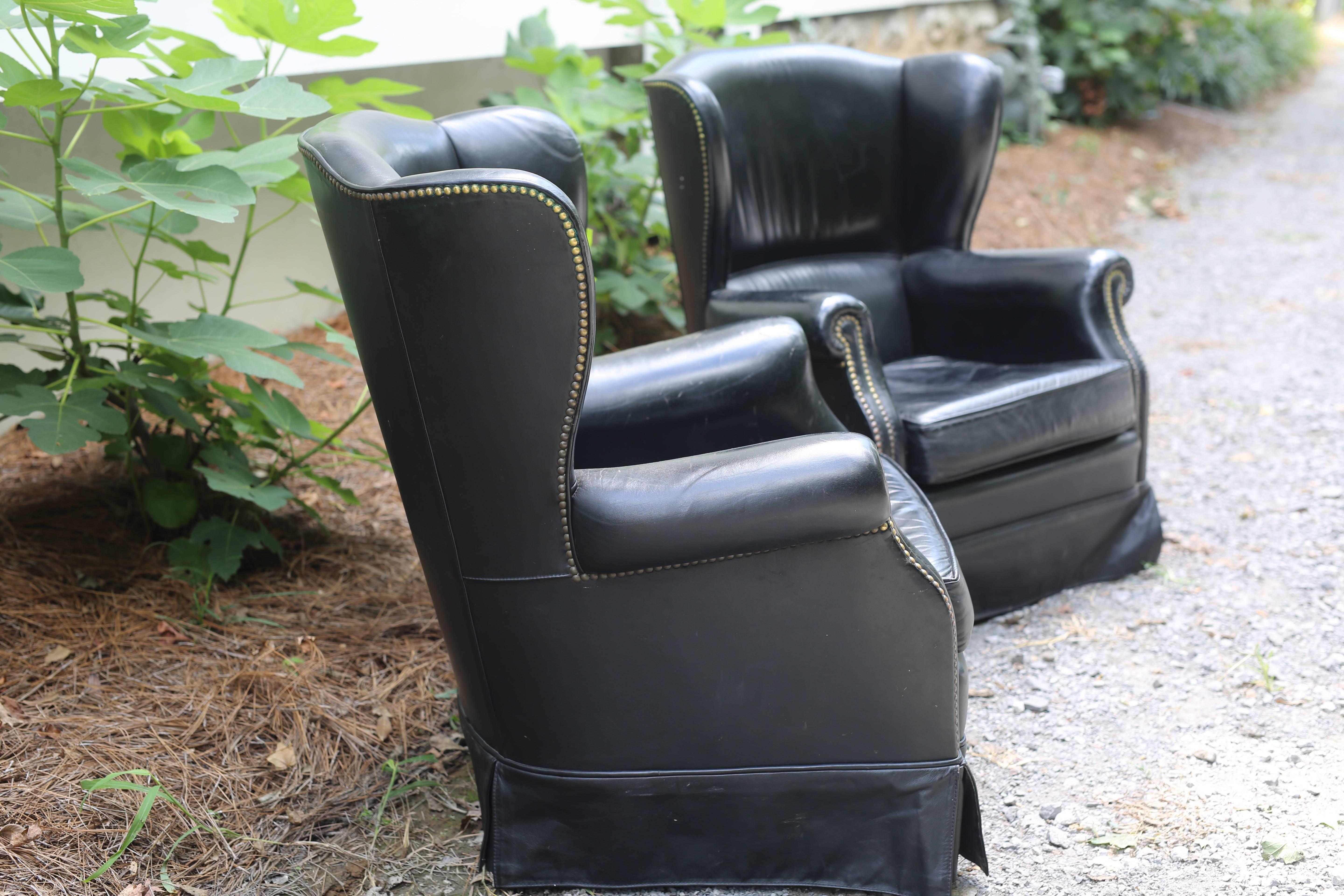  Black French Leather Wing Chairs 3