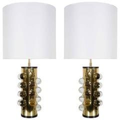 Pair of Cylindrical Brass Lamps by Papagni, Italy, circa 2000