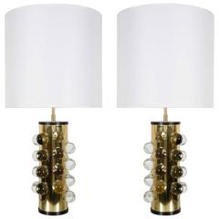 Pair of Cylindrical Brass Lamps by Papagni, Italy, circa 2000