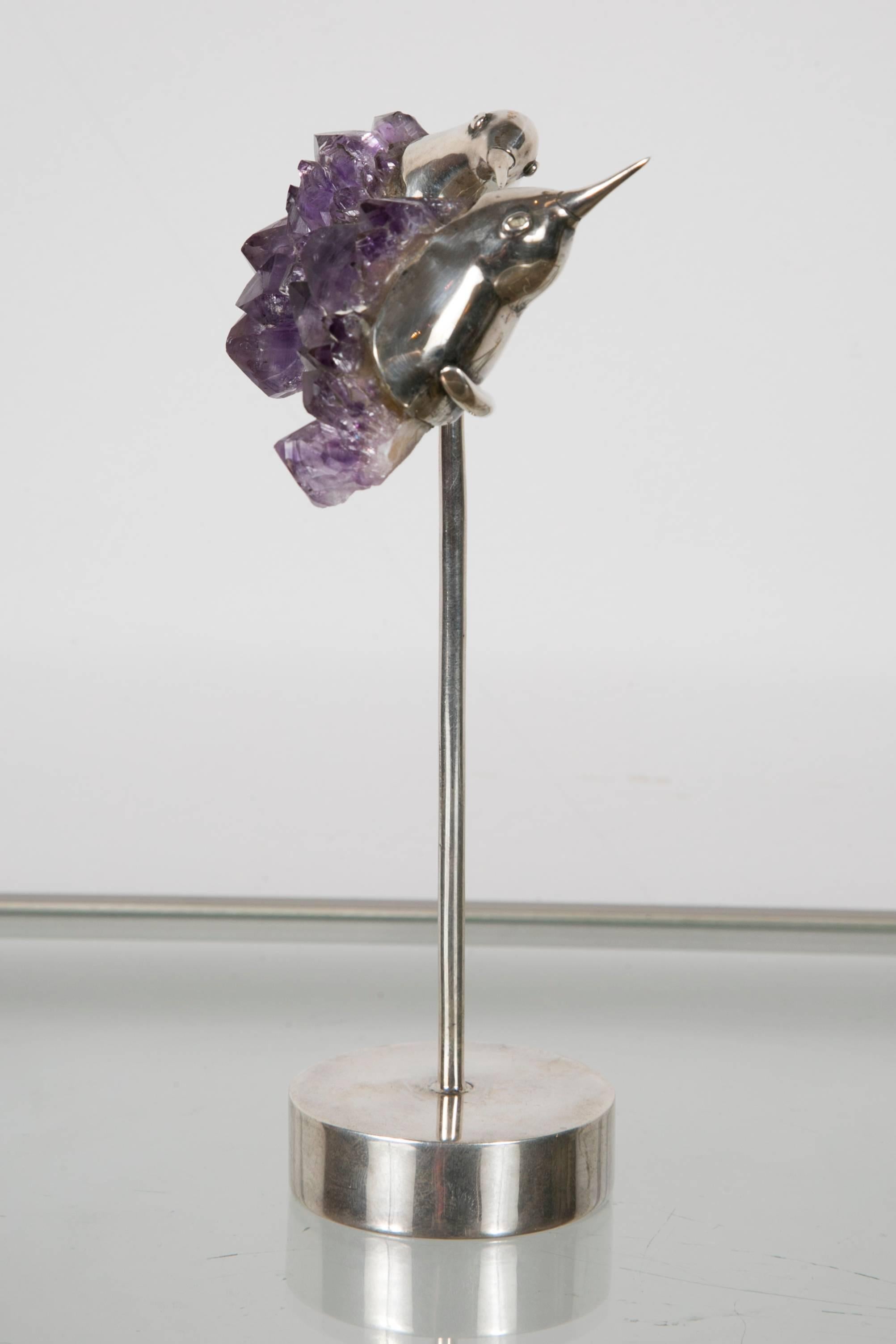 Brazilian Charming Pair of Silver and Amethyst Hummingbird Perched on a Stem