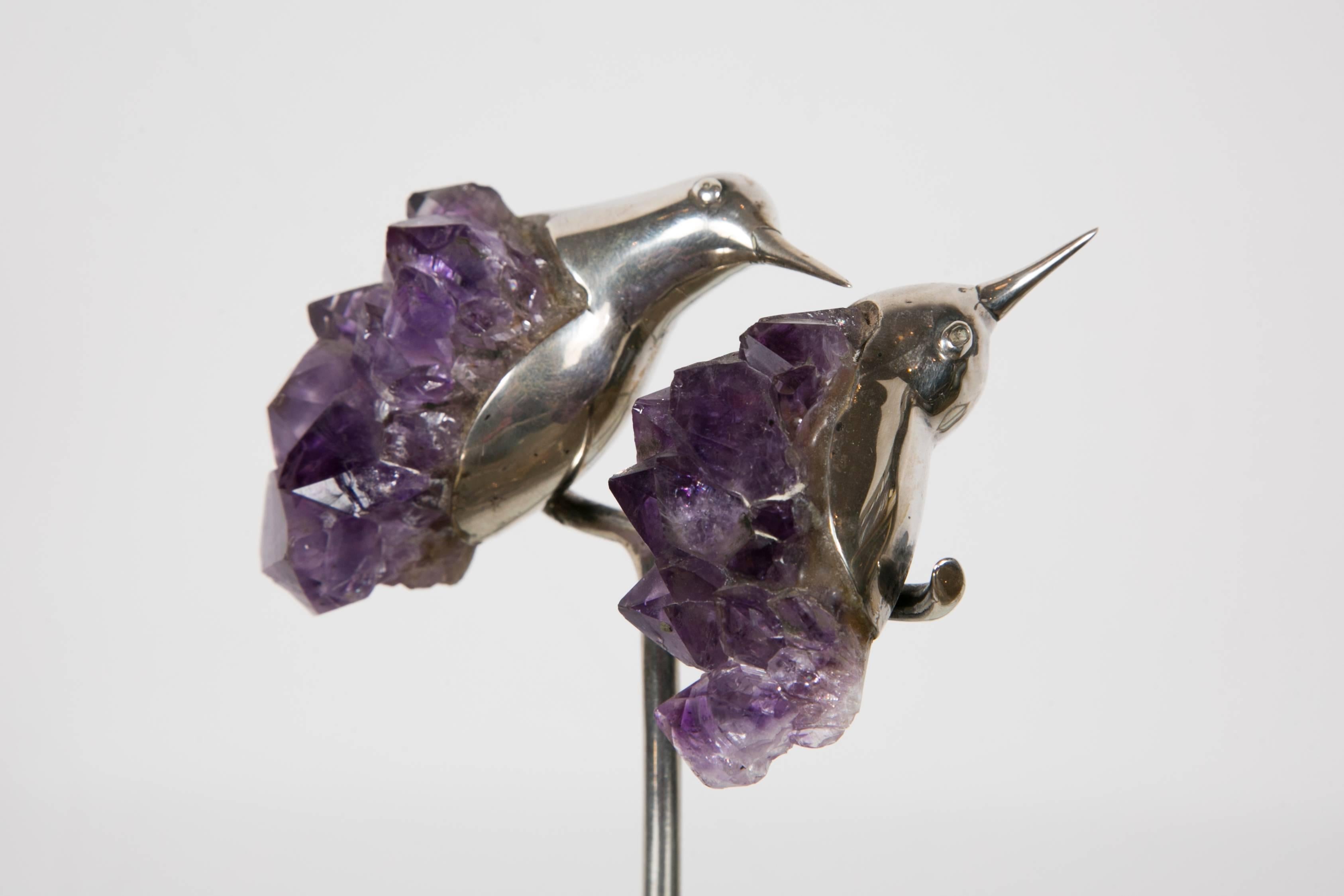 Late 20th Century Charming Pair of Silver and Amethyst Hummingbird Perched on a Stem