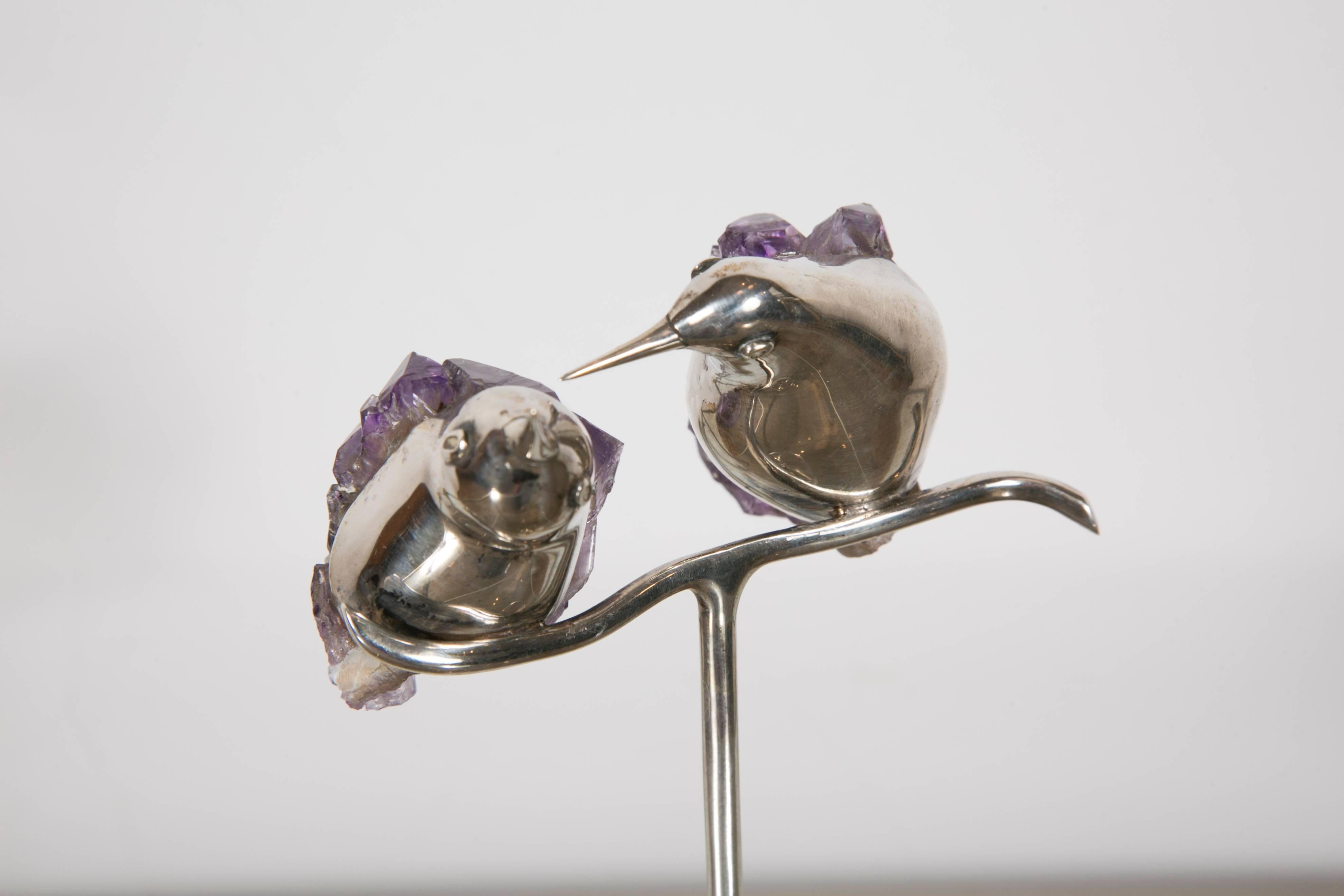 Sterling Silver Charming Pair of Silver and Amethyst Hummingbird Perched on a Stem