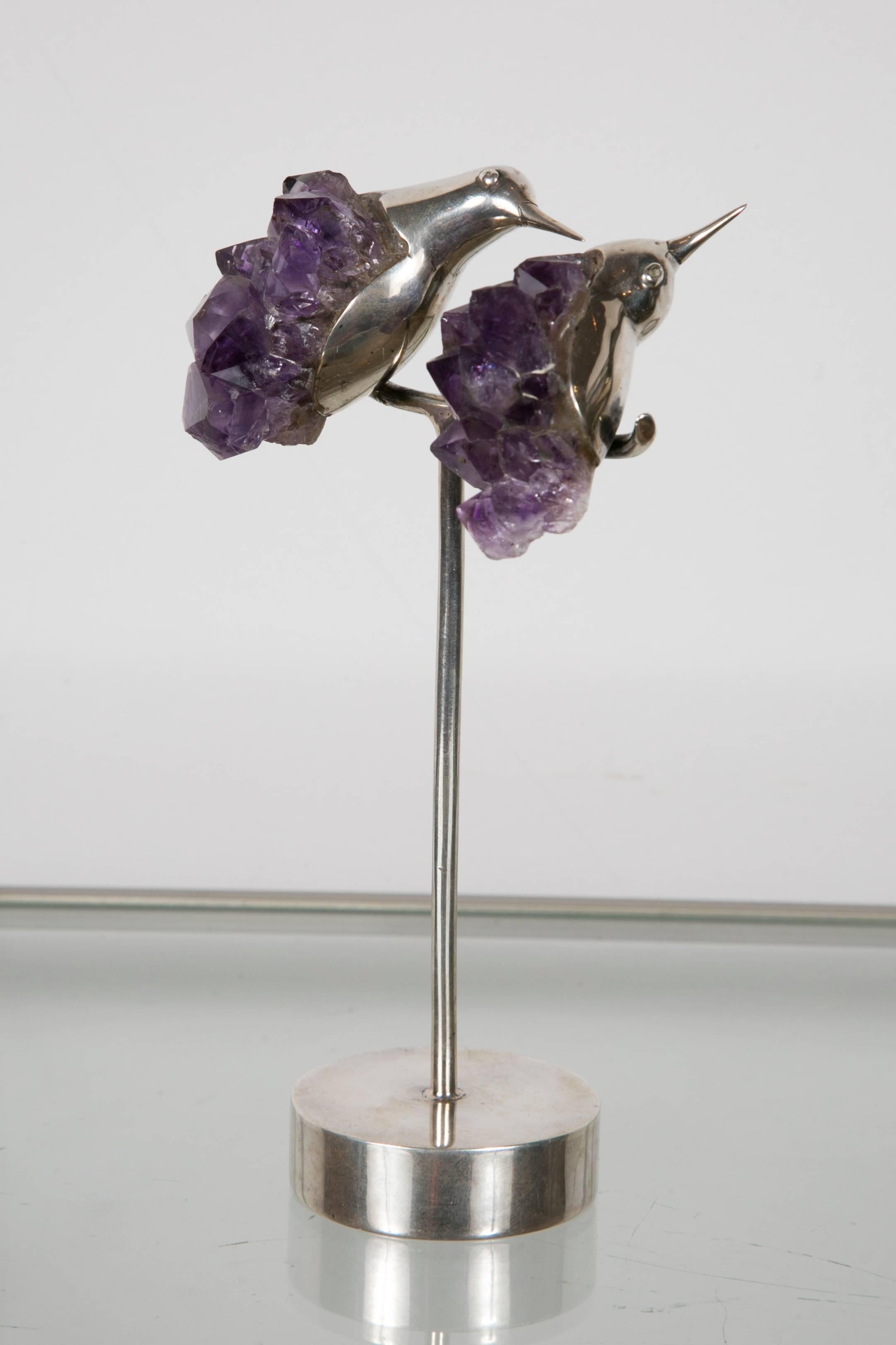 Modern Charming Pair of Silver and Amethyst Hummingbird Perched on a Stem