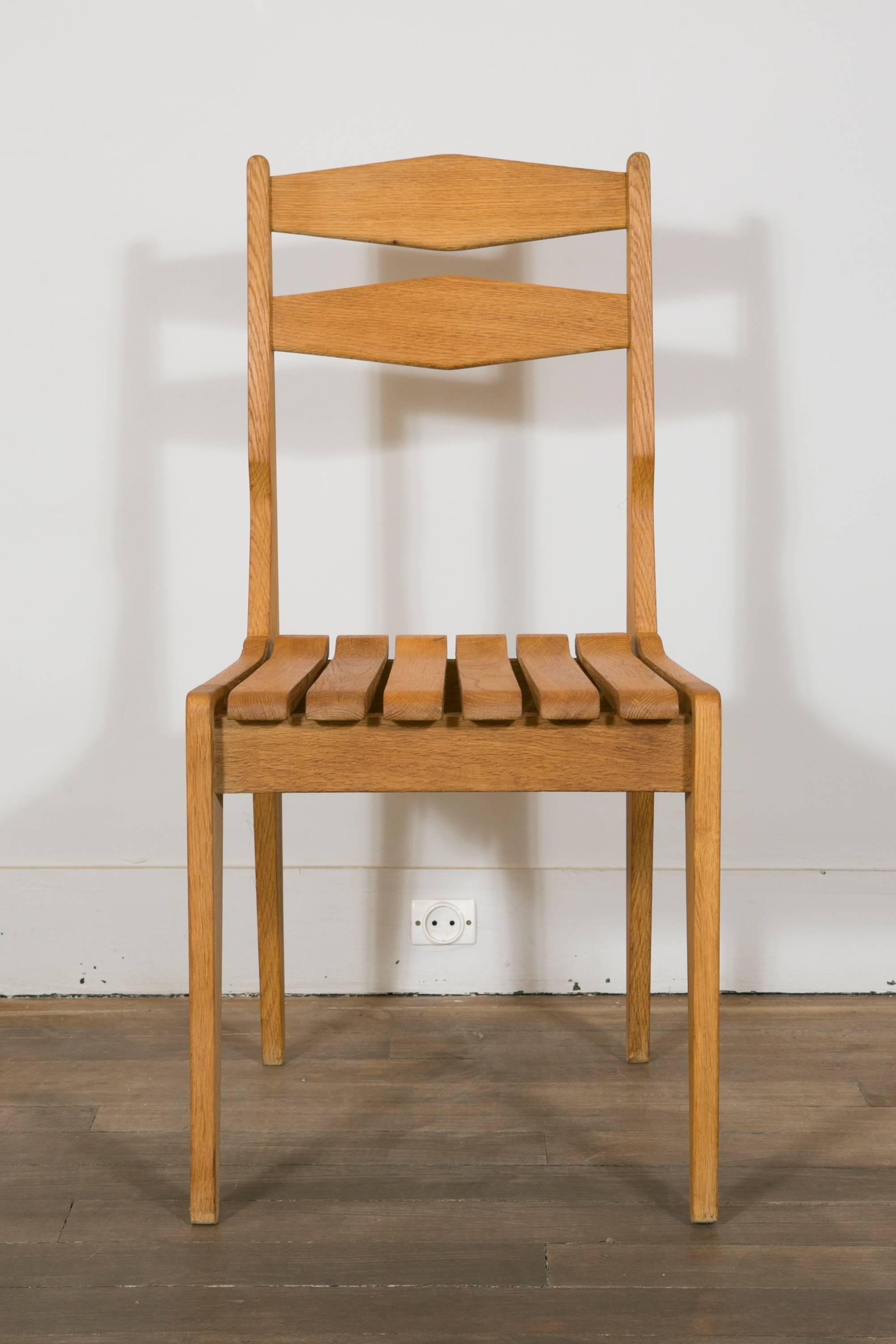 French Set of Eight Solid Light Oak Chairs by Guillerme et Chambron, 1960