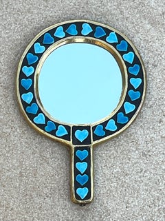 Ceramic Wall Mirror by Mithé Espelt, Glazed Blue Hearts, France, 1960
