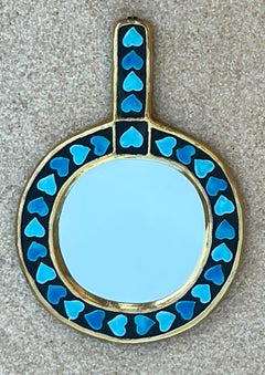 Ceramic Wall Mirror by Mithé Espelt, Glazed Blue Hearts, France, 1960