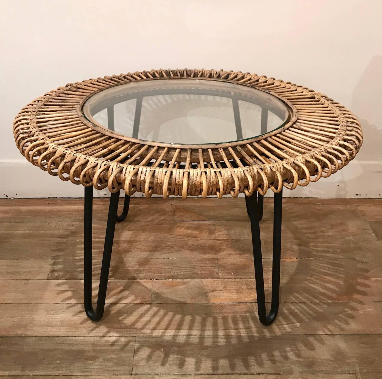 Metal Rattan Set of Scoop Chairs and Table in the Style of Janine Abraham