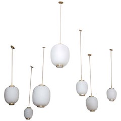 Collection of Five Opaline Glass and Brass Ceiling Fixtures for Lyfa, 1950s