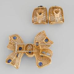 Tabbah Pair of Yellow Gold Ear Clips and Brooch Set with Diamonds and Sapphires