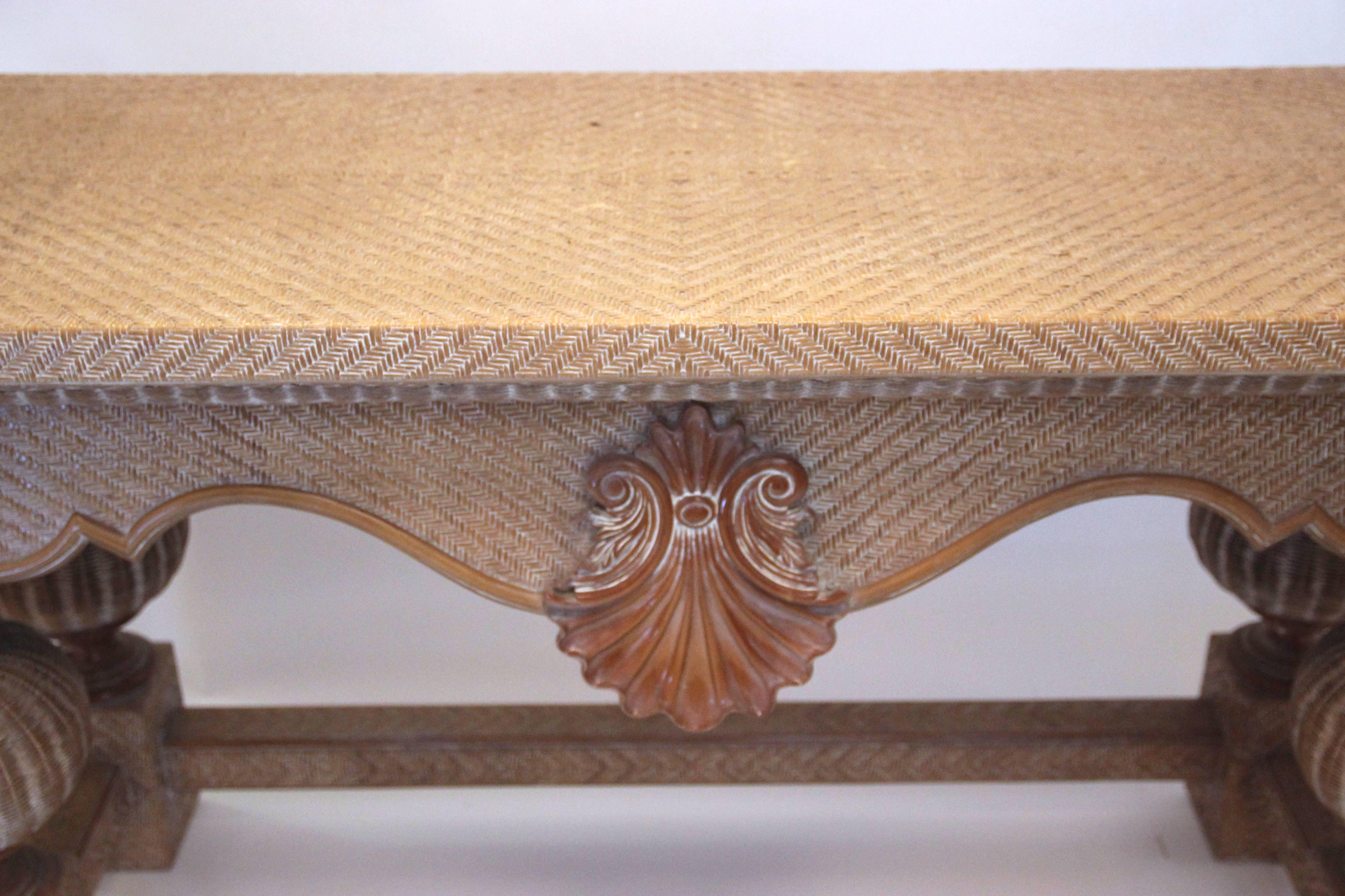 Wood console sheathed rattan,
circa 1970, France.
Measures: Height: 87 cm, width 180 cm, depth 55 cm.