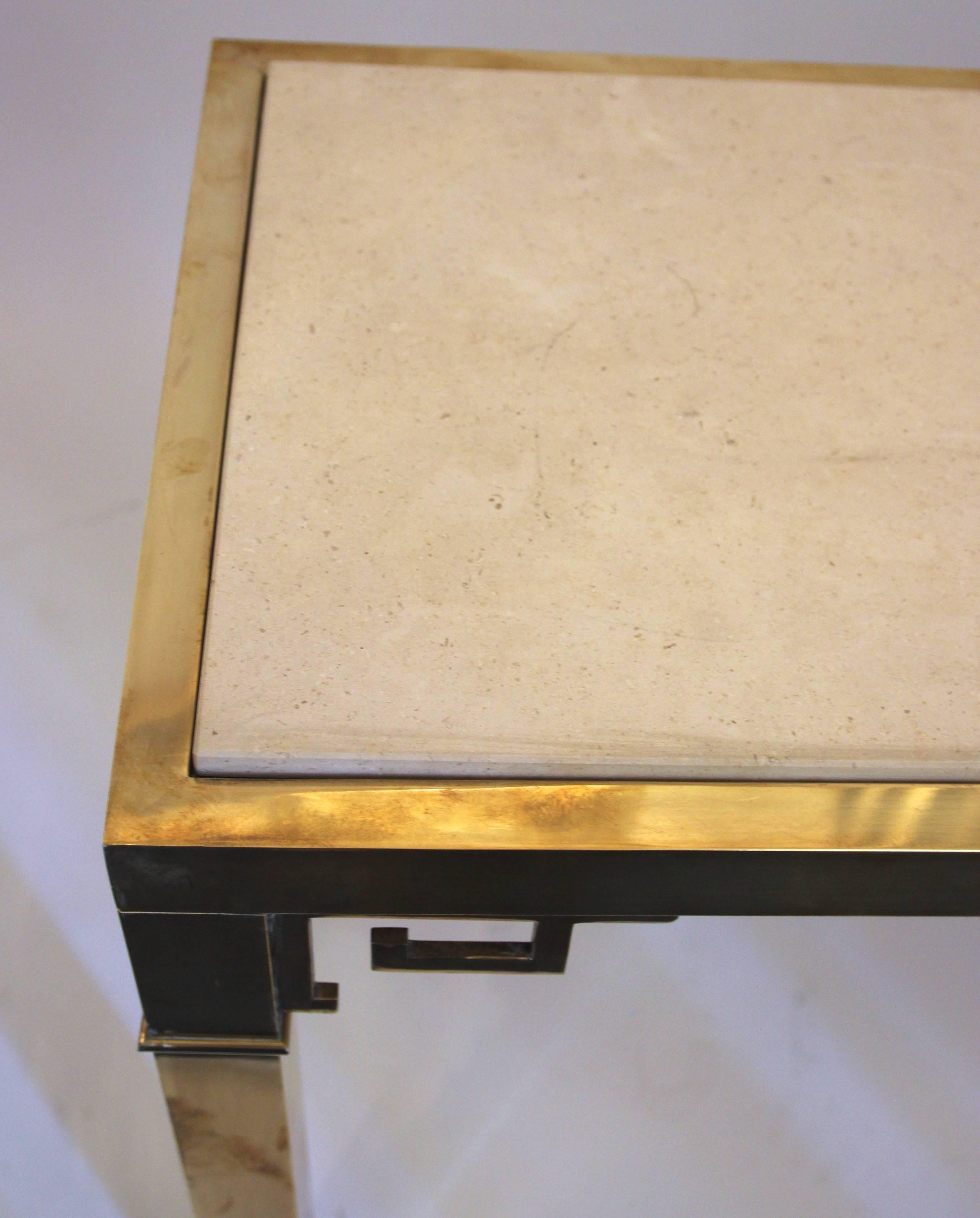Mid-Century Modern Console in the Style of David Hicks, Brass and Travertine Top, circa 1970,