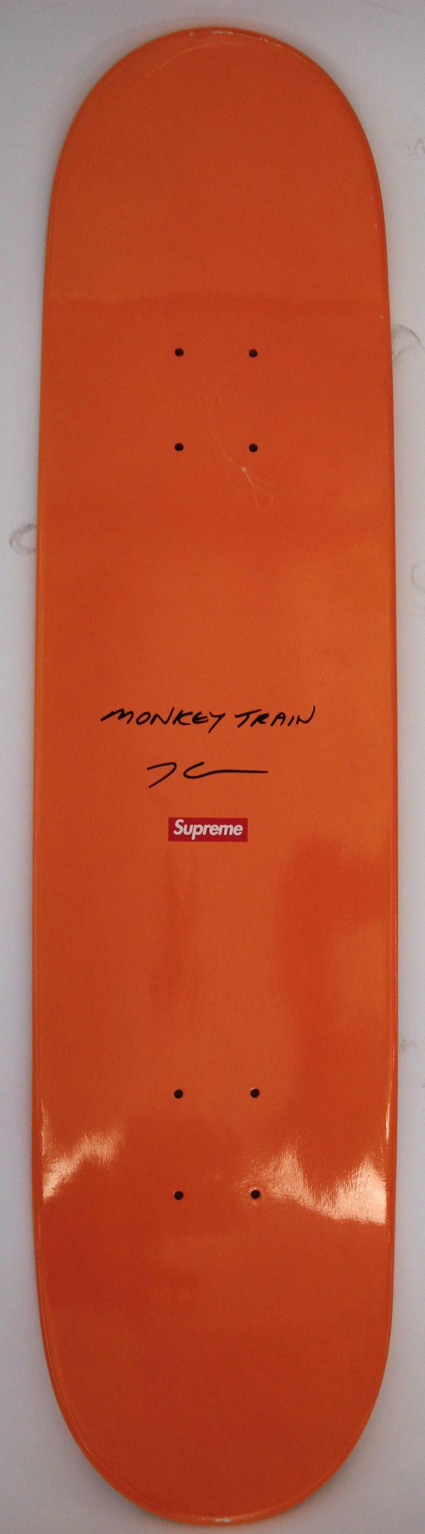 Jeff Koons (1955),
Monkey train skateboard deck,
Mark on the mixed skateboard technique supreme, 
limited edition,
circa 2006, Italy.
Measures: Height: 20 cm, width 80 cm.