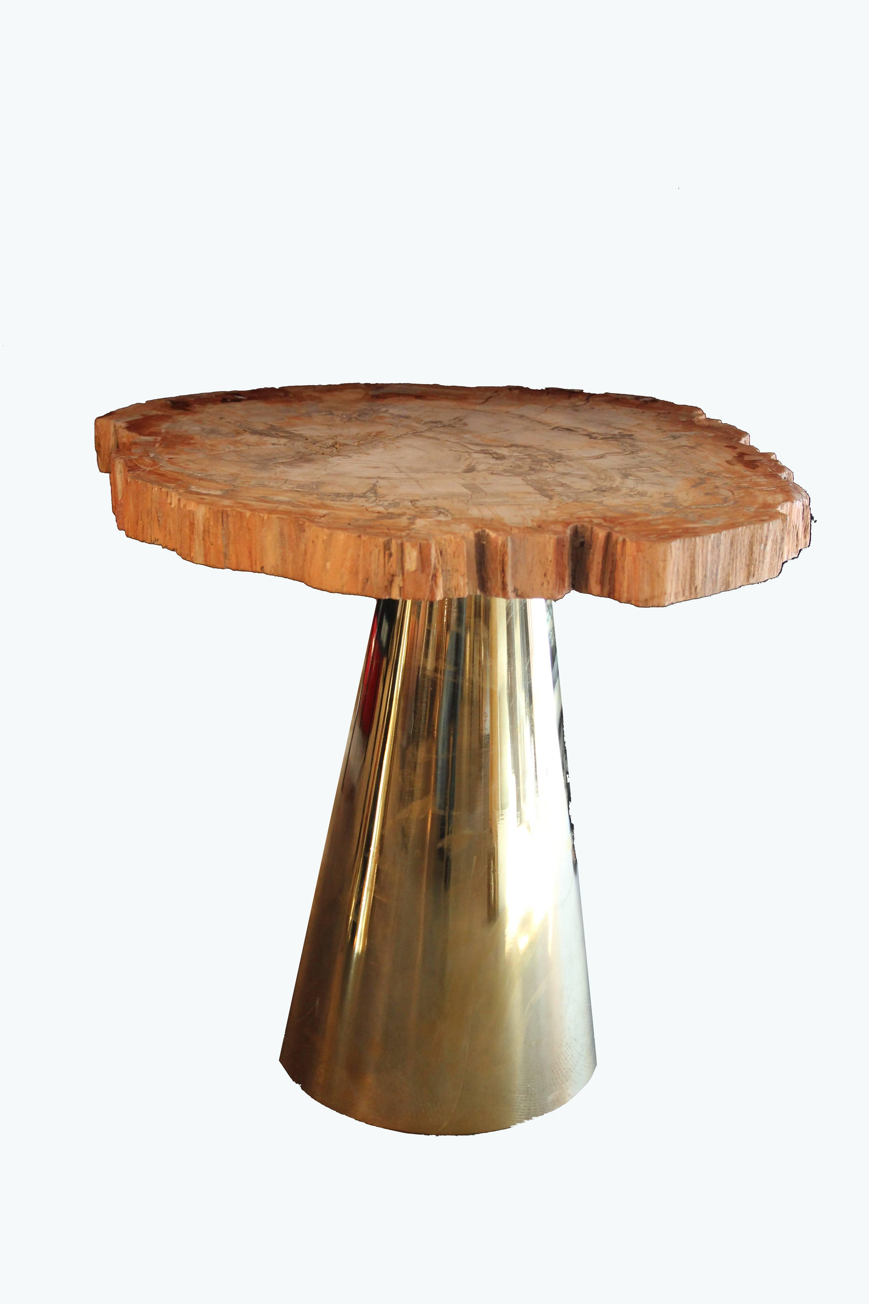 Mid-Century Modern Pair of Coffee Tables, Gold Brass and Marble Top 'Fossilized Wood', circa 2010