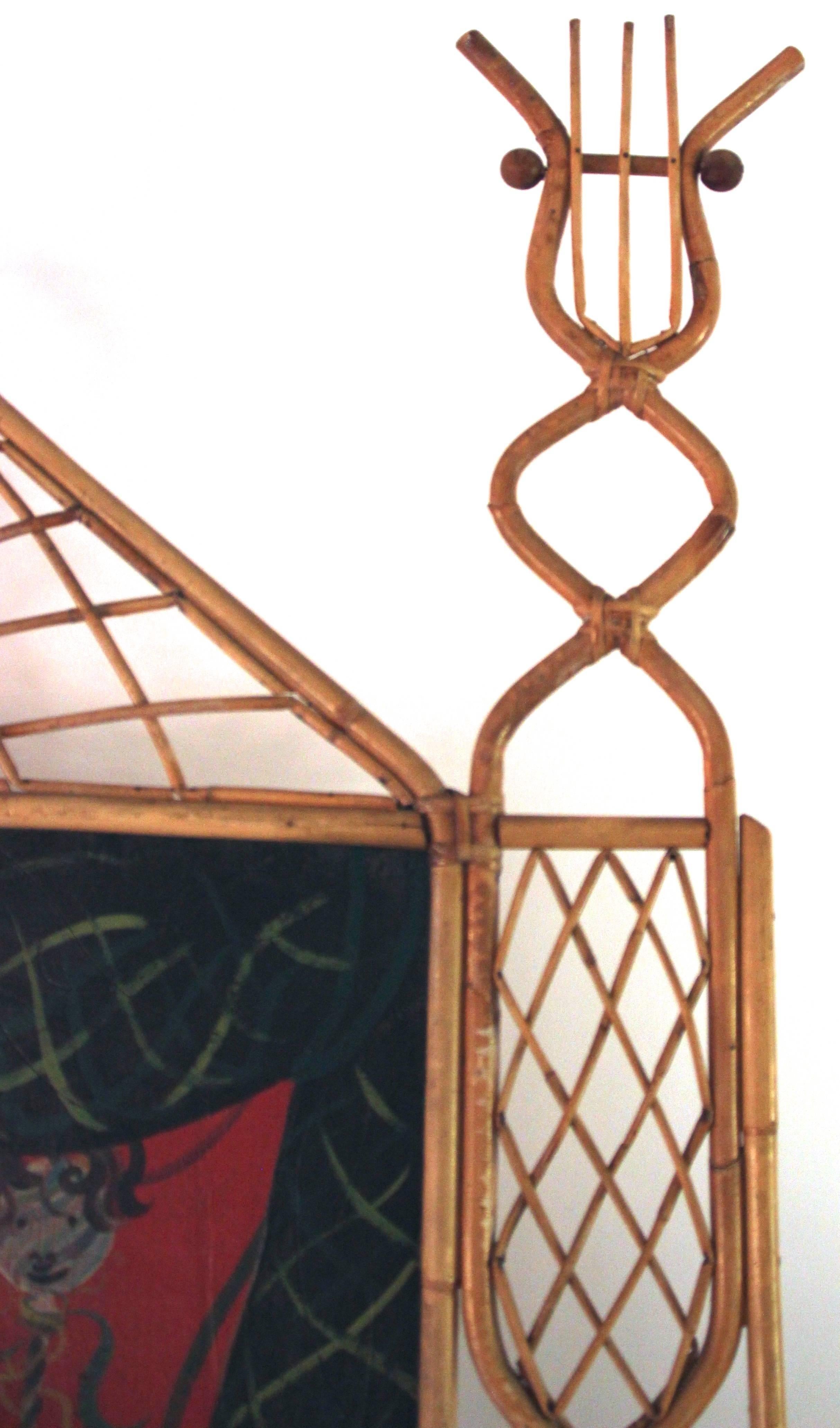 René Fumeron.
Frame in rattan decorated with lyres, 
painted canvas.
Signed on the right corner,
Circa 1970, France.
Measures: Height: 145 cm, width: 120 cm, depth: 2 cm.