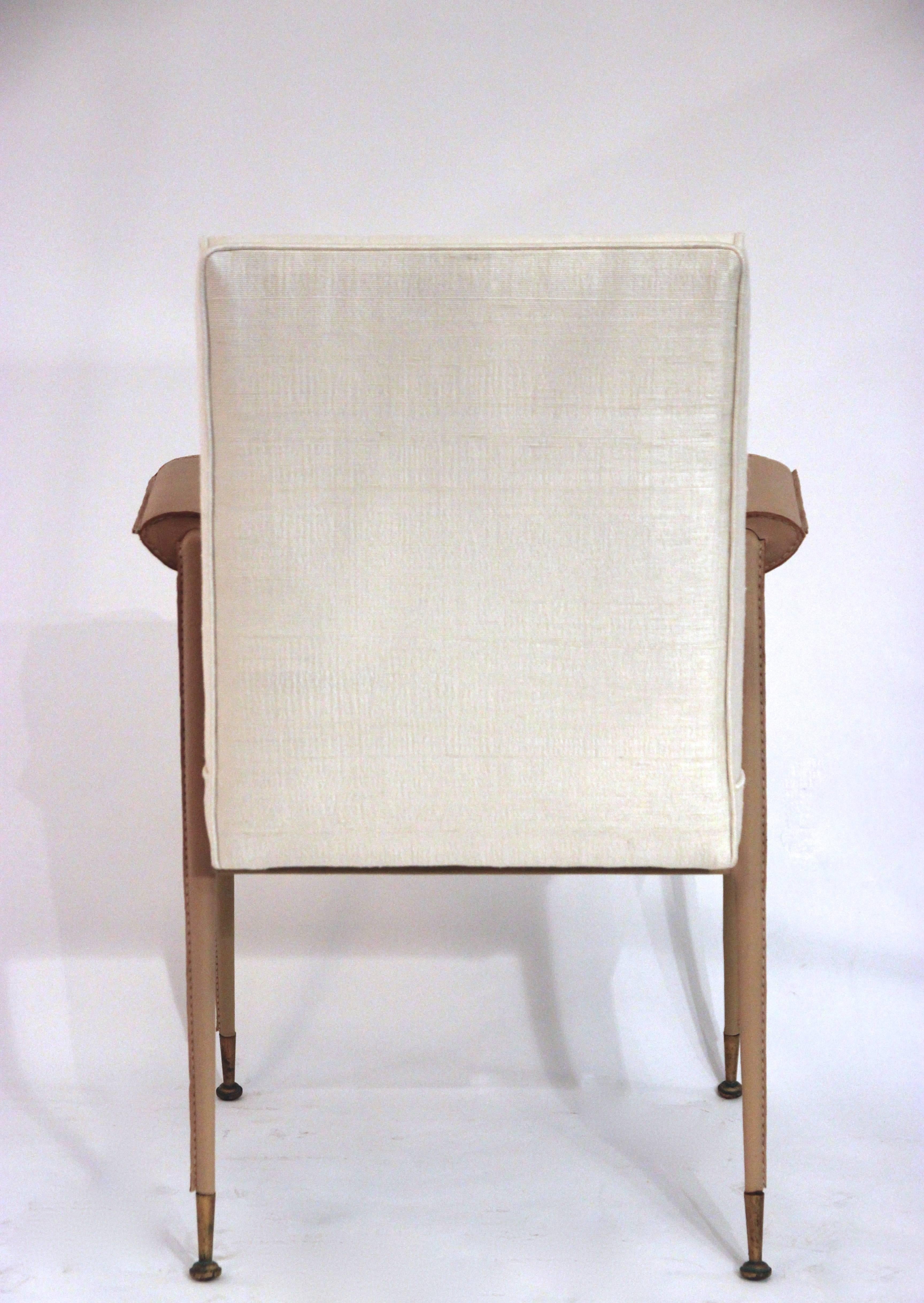 Mid-Century Modern Jules et André Leleu, Set of Four Chairs, Leather, Silk and Gifted Brass