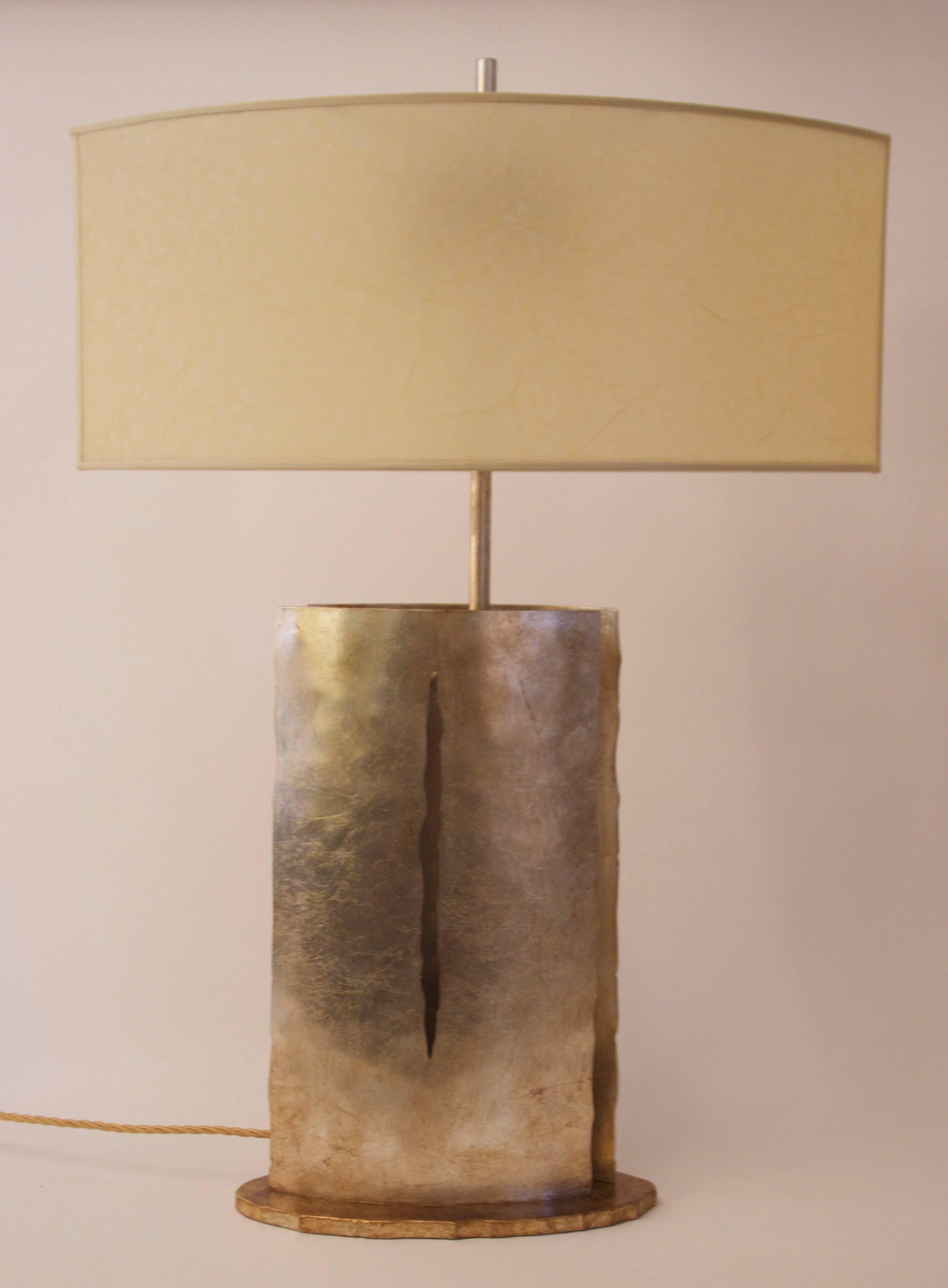 Angelo Brotto, pair of table lamps,
Esperia edition,
brass gilded,
circa 2000, Italy.
Measures: Height: 80 cm, base: 30 cm x 15 cm, diameter with lamp shade: 55 cm.