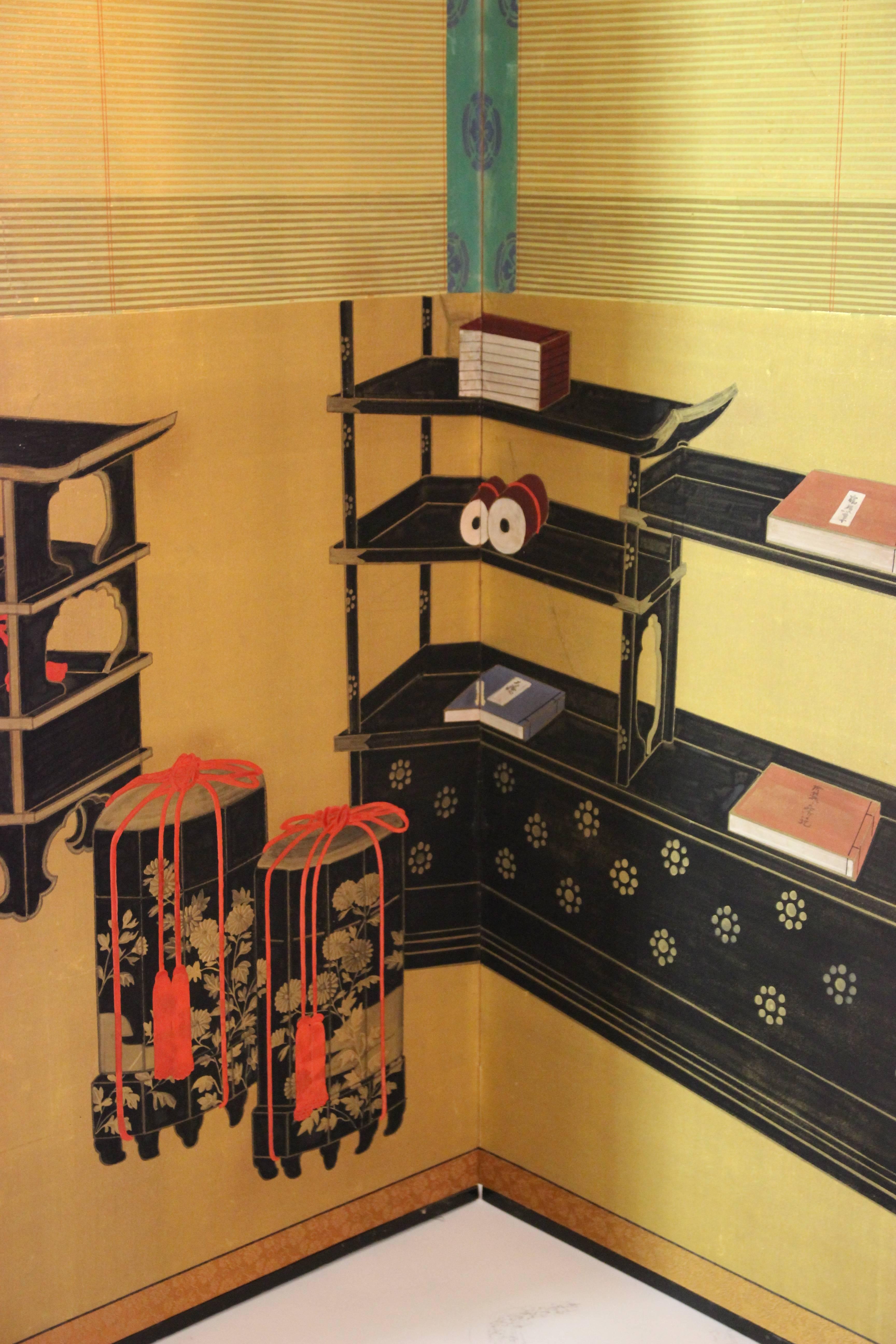 Screen, four panels,
lacquered wood, gouache, ink on paper,
circa 1930, Japan.
Height: 1m20, width: 1m55, depth: 2 cm.