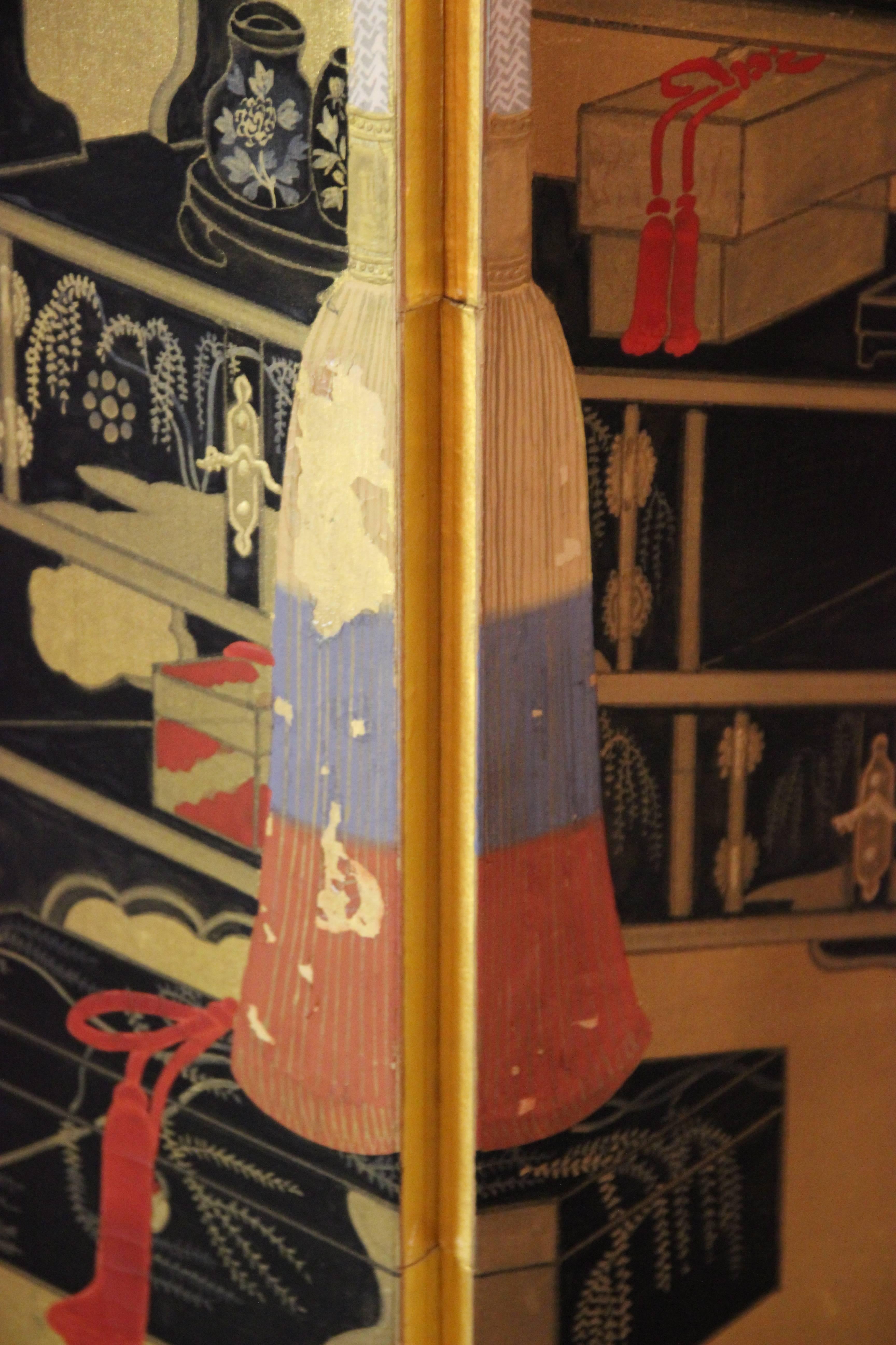 Mid-20th Century Screen, Wood Lacquered, Gouache, Ink on Paper, circa 1930, Japan