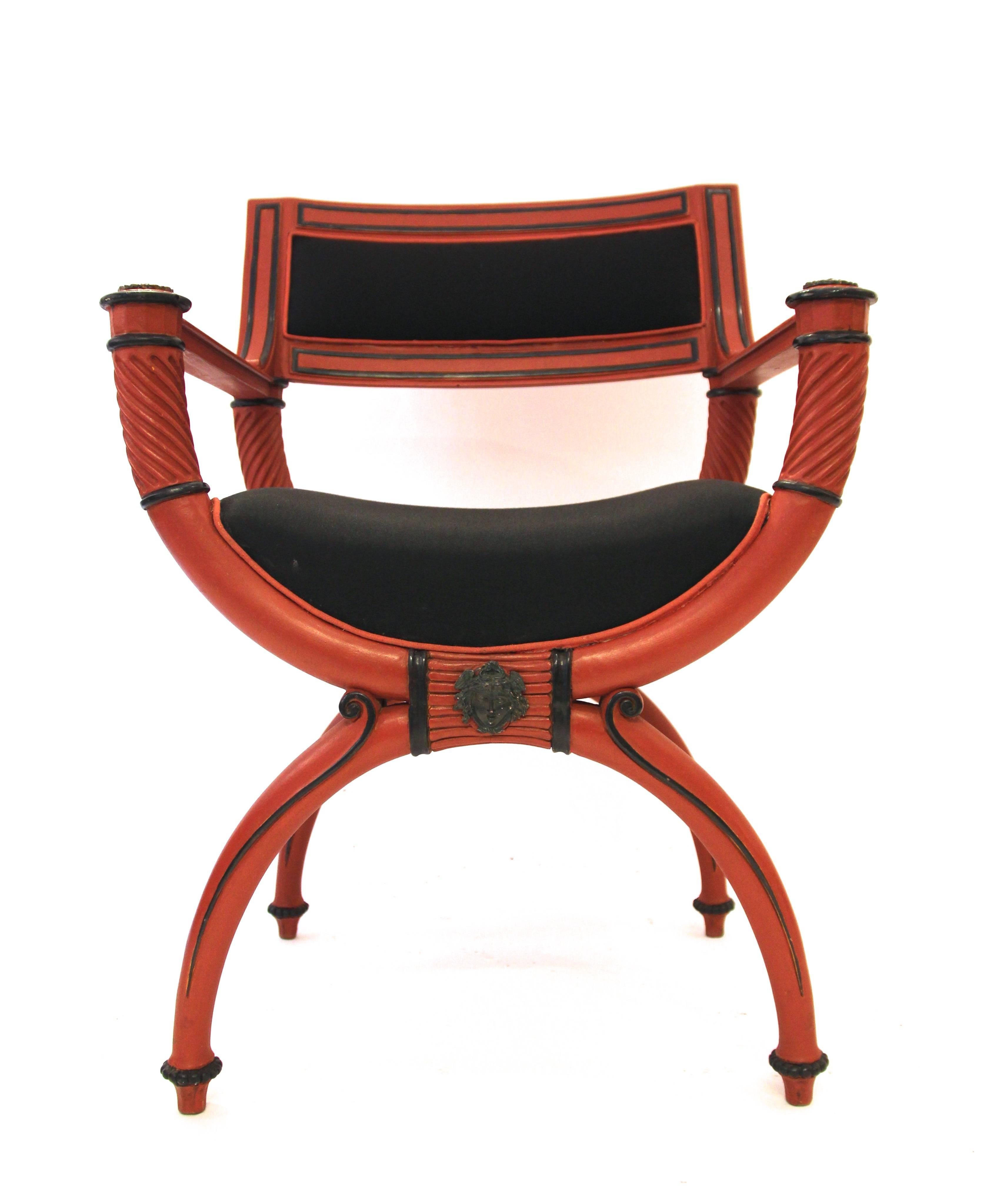 Mid-Century Modern Set of Four Armchairs, Red Lacquer, Neo-Pompeiian Style, circa 1970, France