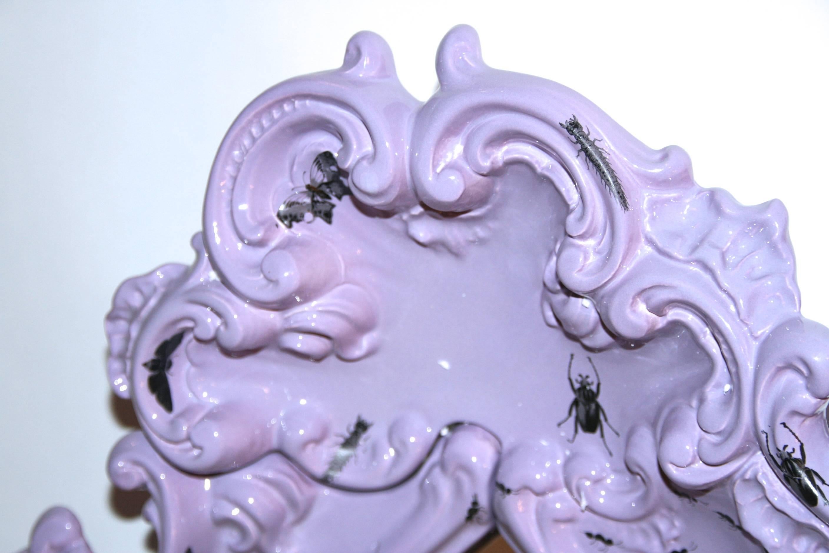 Italian Mirror Decorated with Insects, Furiosa Edition Purple Ceramic, circa 2010, Italy