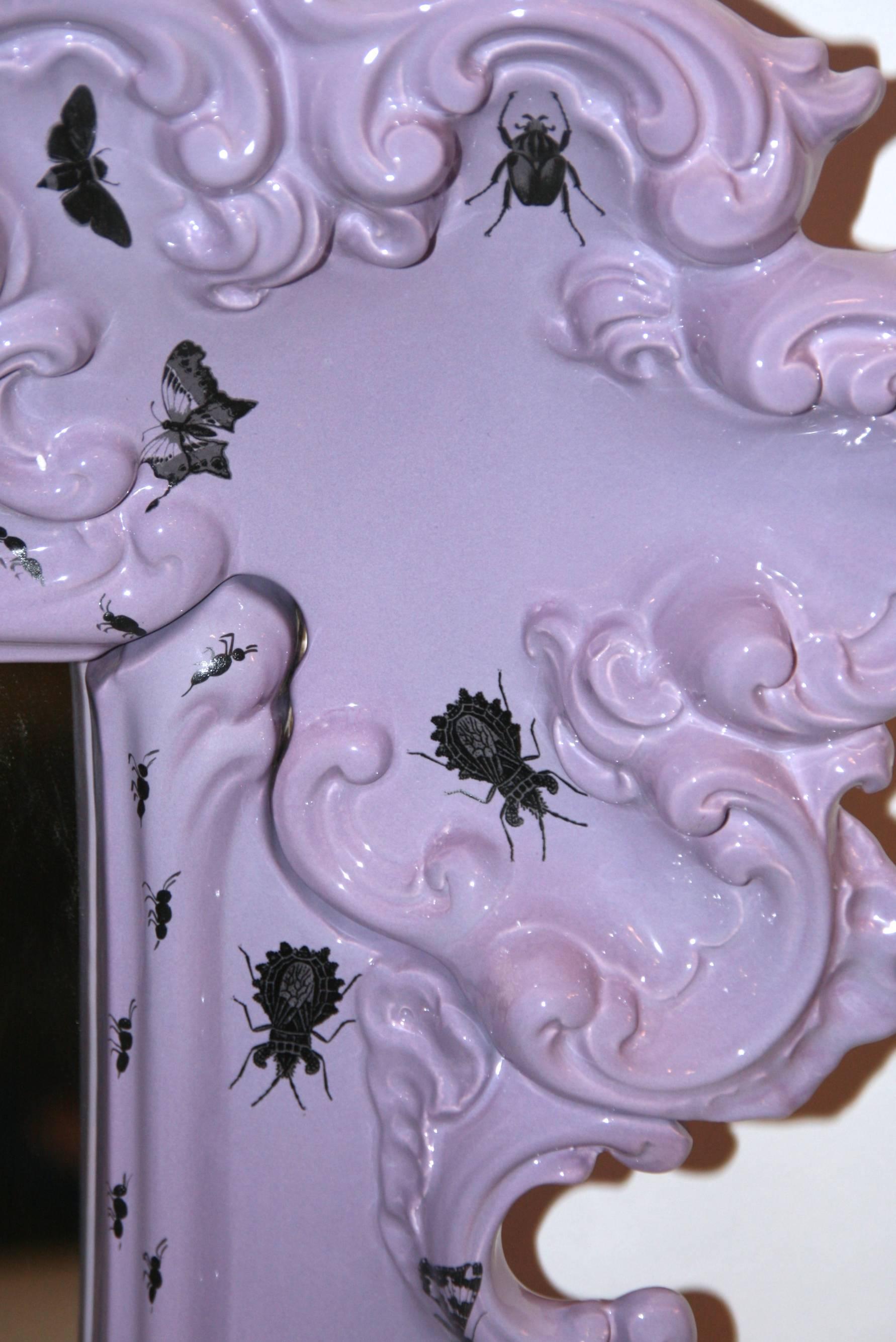 Mirror Decorated with Insects, Furiosa Edition Purple Ceramic, circa 2010, Italy In Good Condition In Nice, Cote d' Azur