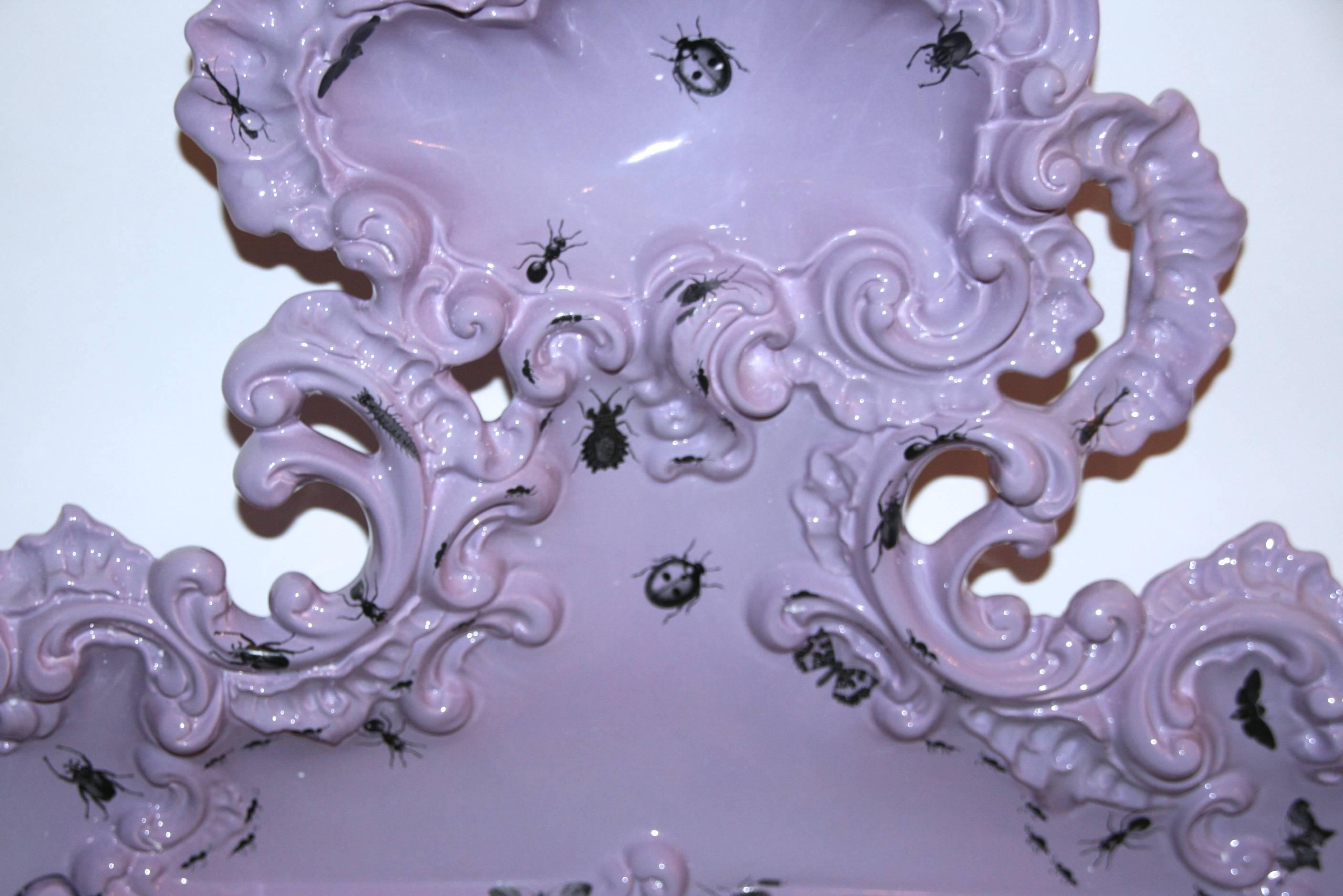 Mid-Century Modern Mirror Decorated with Insects, Furiosa Edition Purple Ceramic, circa 2010, Italy