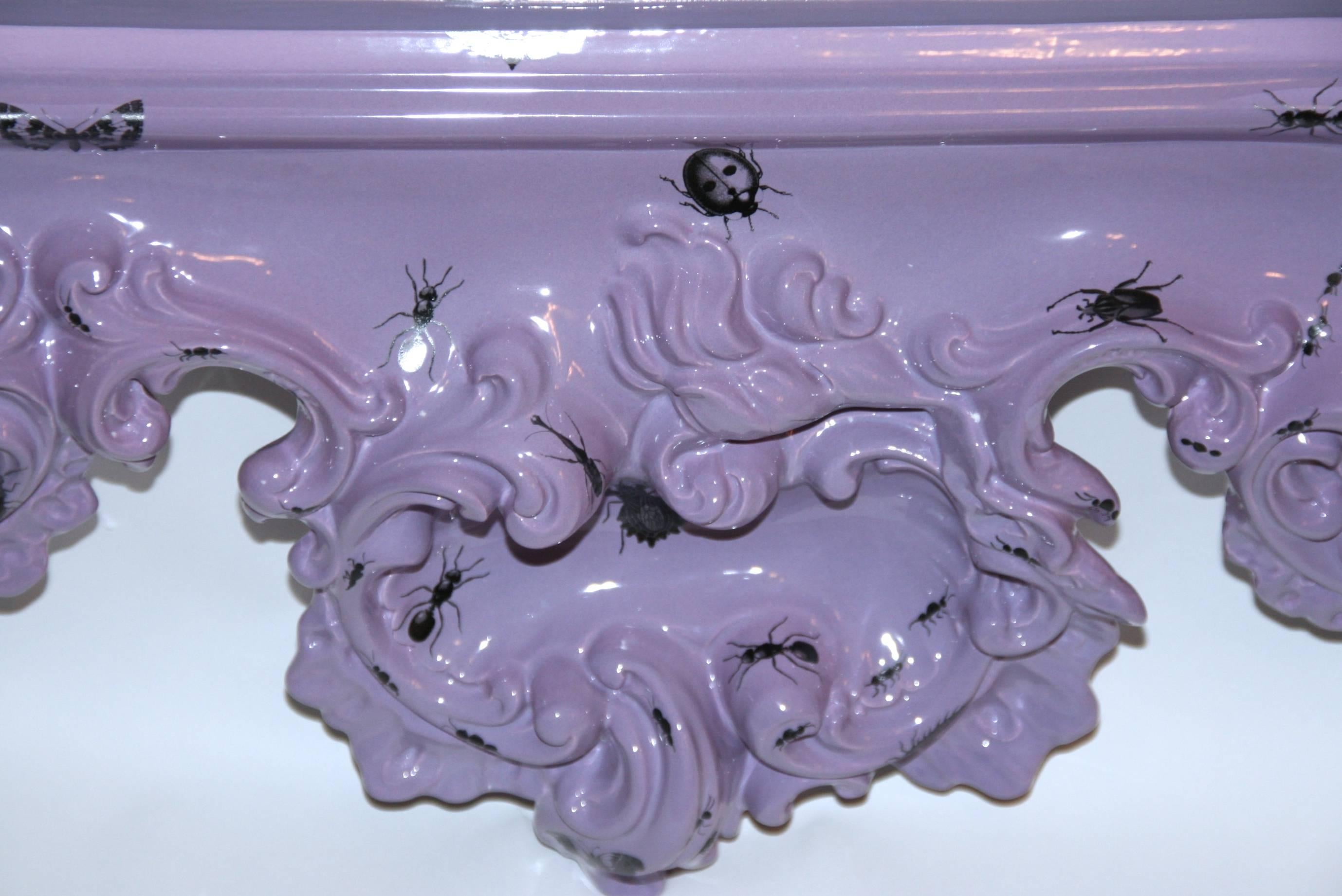 Contemporary Mirror Decorated with Insects, Furiosa Edition Purple Ceramic, circa 2010, Italy