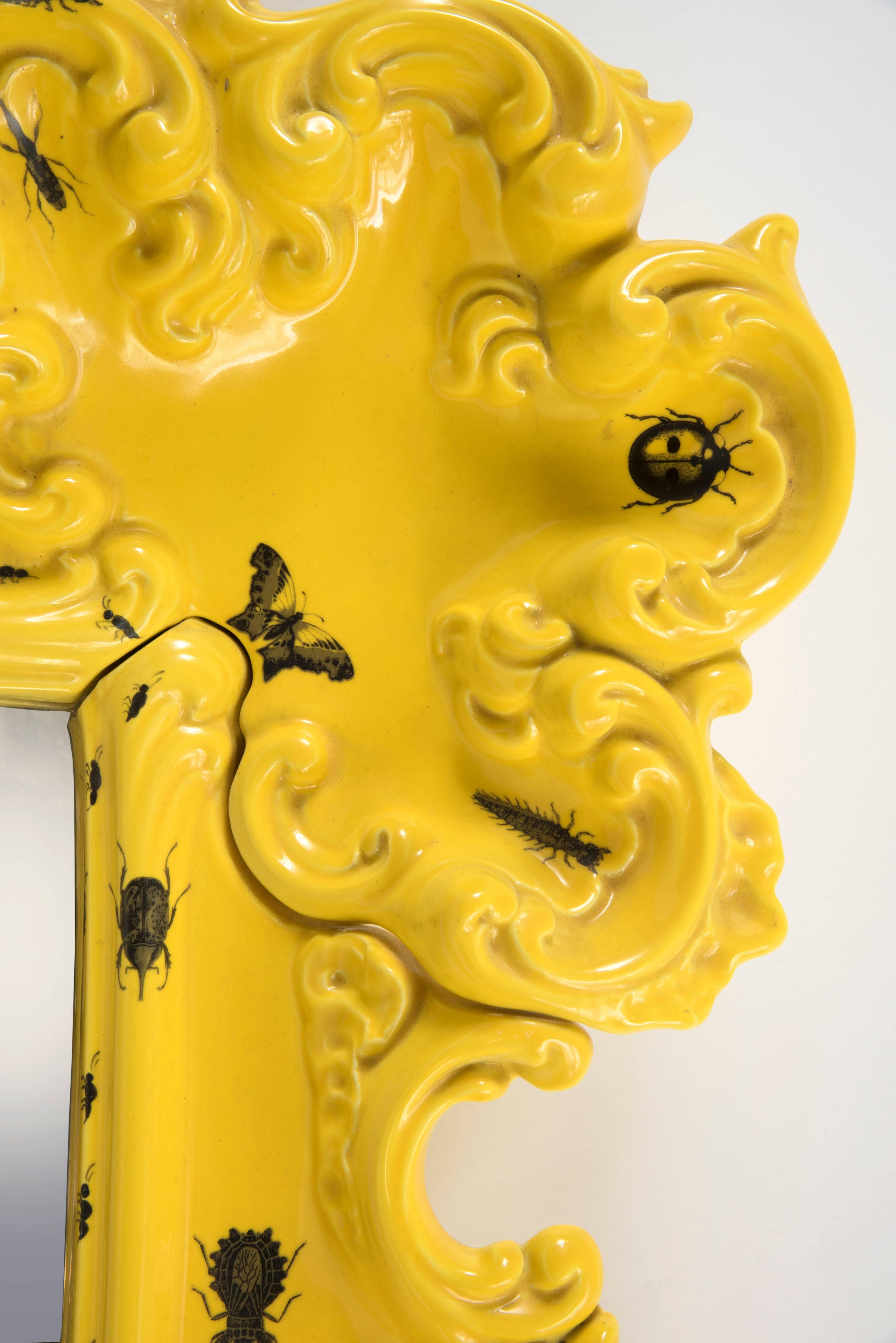 Mid-Century Modern Mirror Decorated with Insects, Furiosa Edition Purple Ceramic, circa 2010, Italy