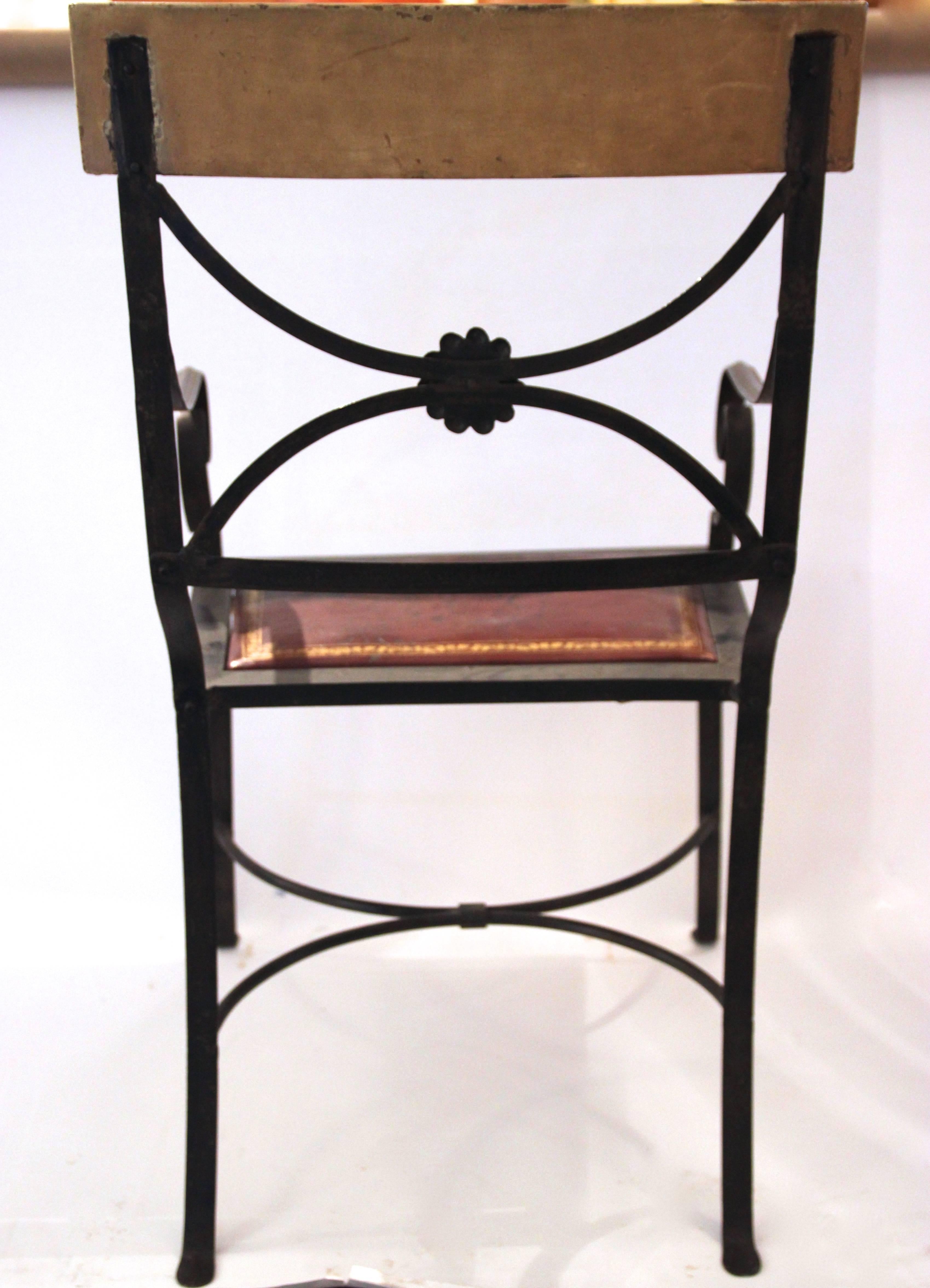 French Set of Four Chairs, Iron, Wood and Seat Original Leather, circa 1970, France