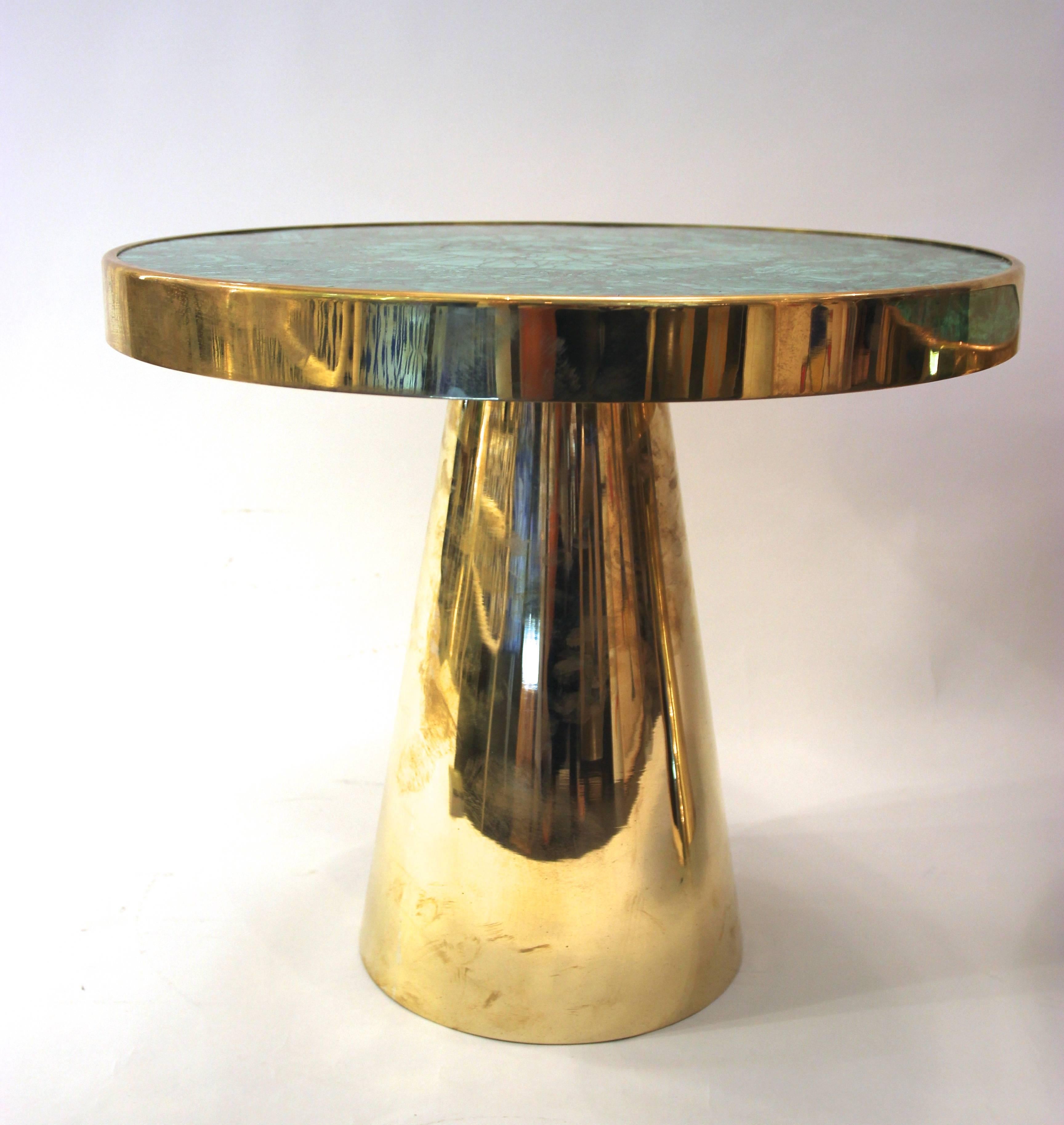 Mid-Century Modern Pair of Tables, Gold Brass and Top in Semi-Precious Stone, circa 2010, Italy