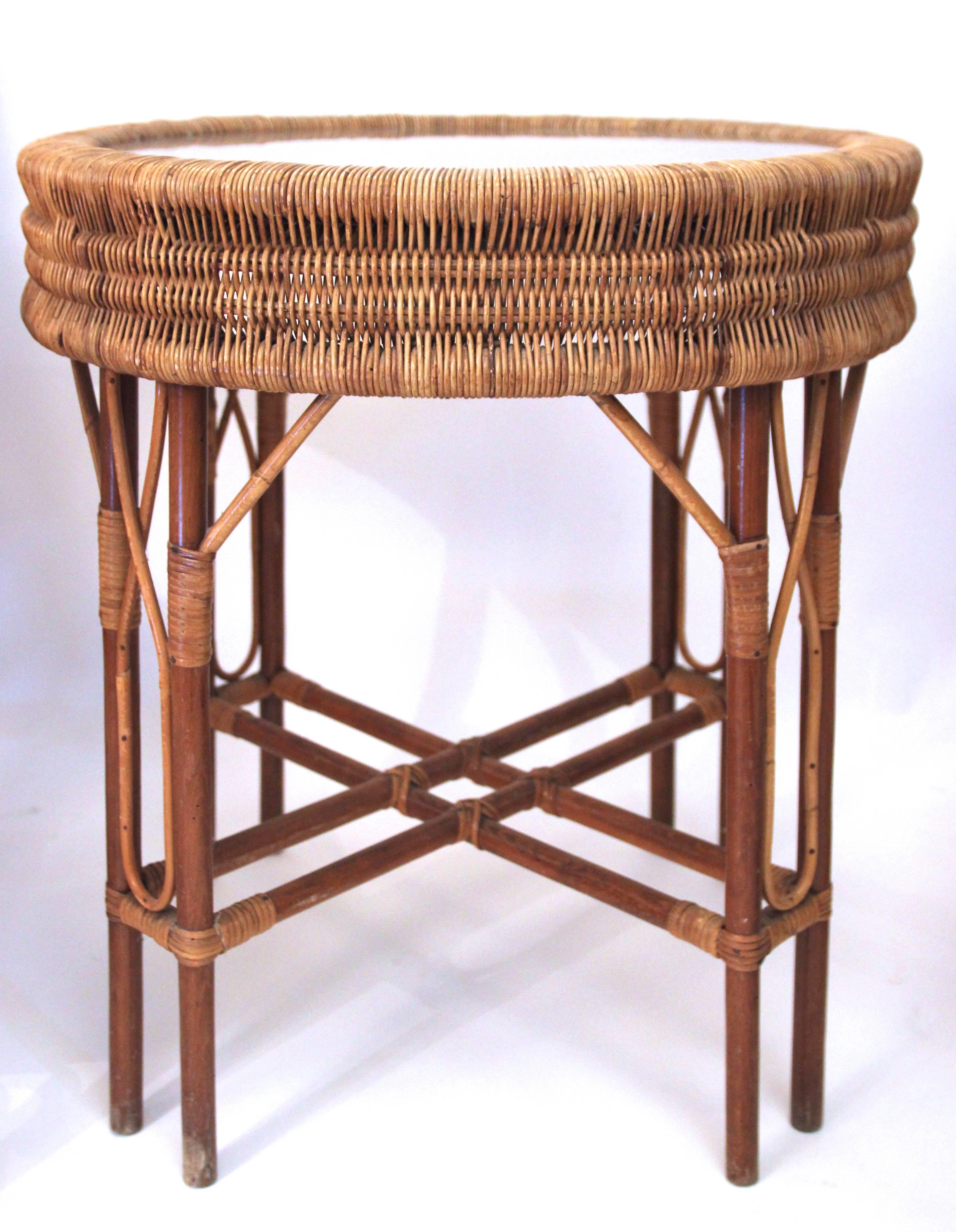 Mid-20th Century Set of Four Chairs and Center Table, Rattan, circa 1960, France