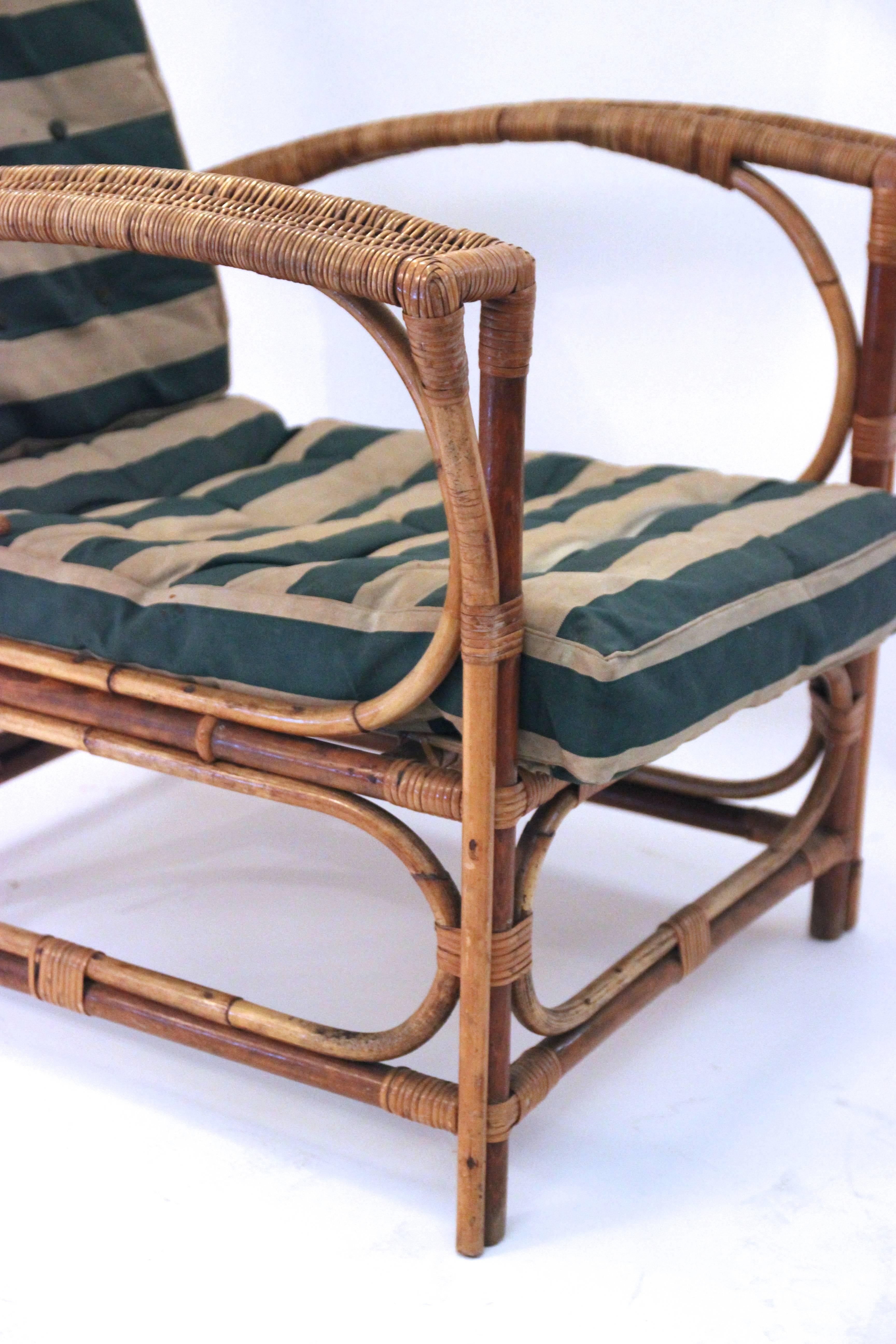French Set of Four Chairs and Center Table, Rattan, circa 1960, France