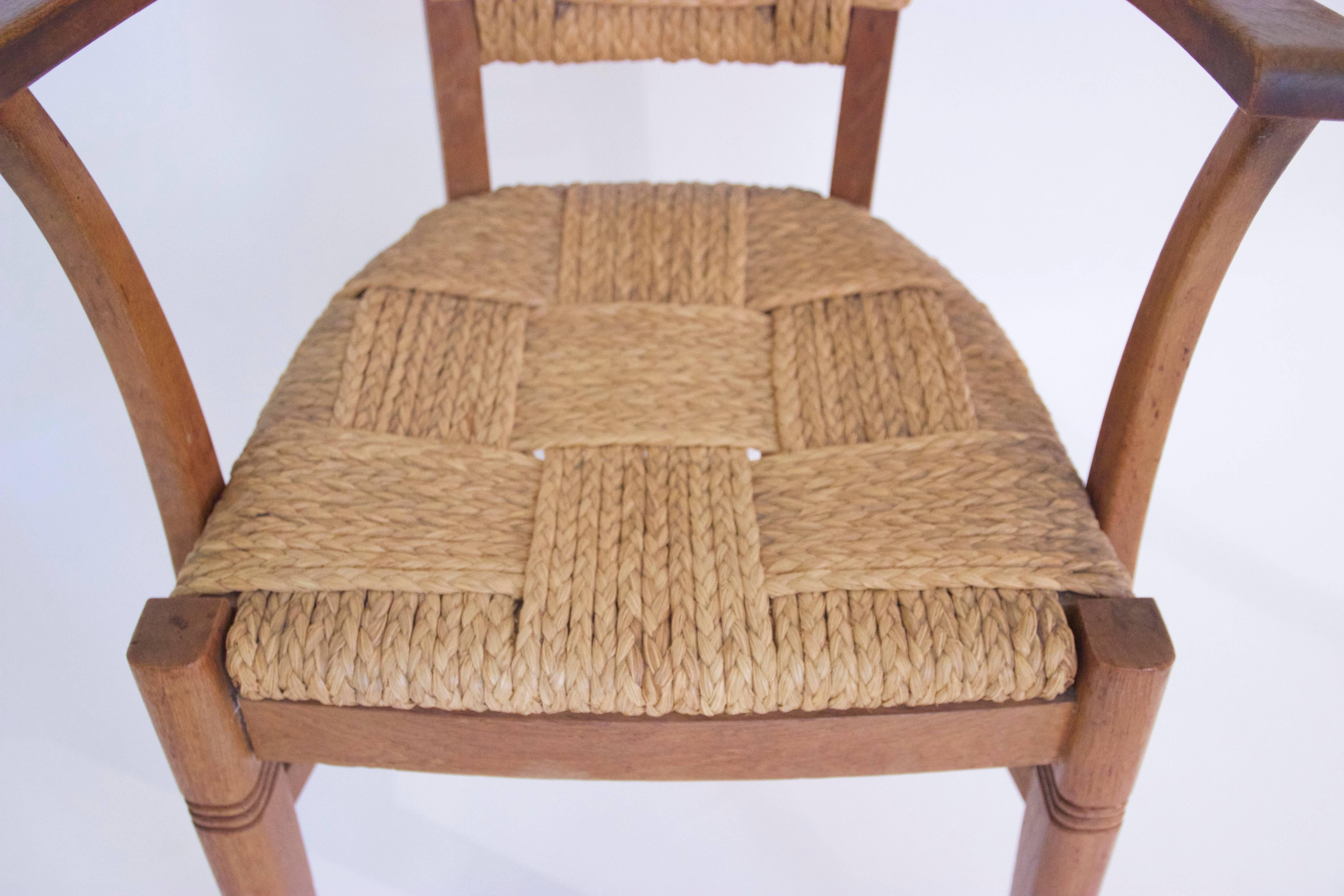 Mid-Century Modern Audoux-Minet, Suite of Four Armchairs, Rattan and Wood, circa 1970, France